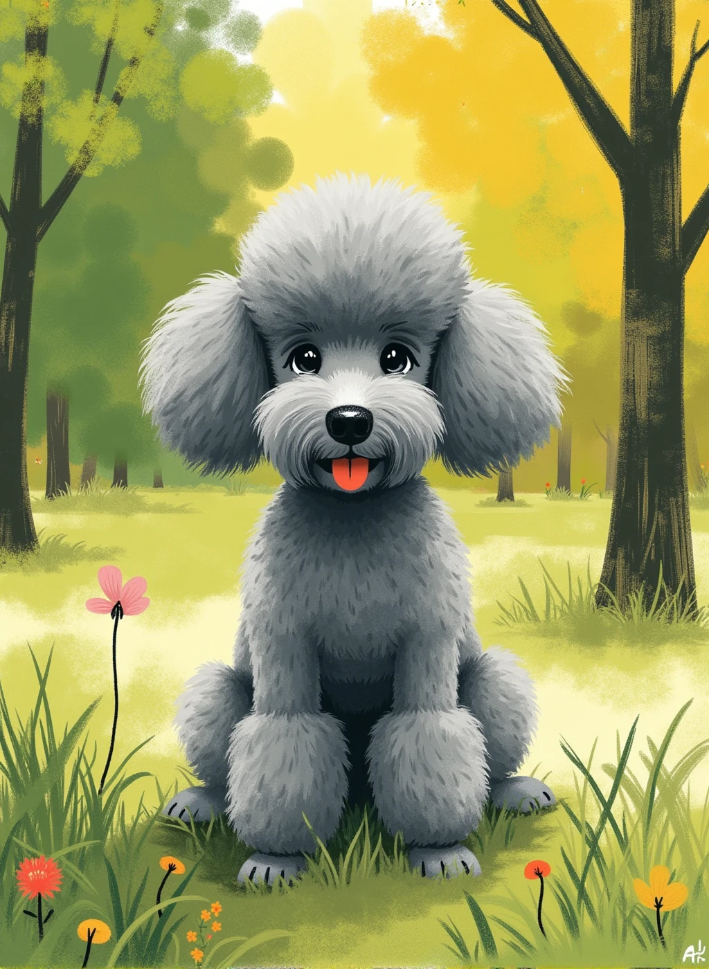 r0ygb1v digital illustration, a cute gray poodle in a park scene, storybook illustration, brush strokes and textures, modern art, gouache textures, digital painting