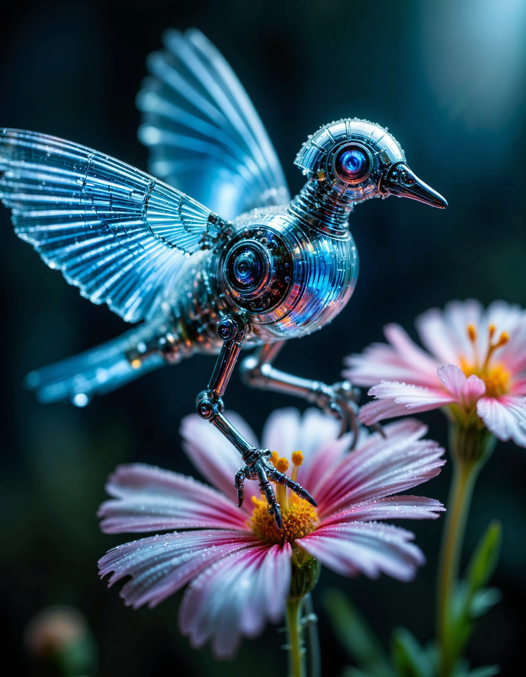 A macro close-up of a robot bird, its mechanical body intricately designed with gleaming metal and polished chrome surfaces. The bird's wings, made of transparent, delicate materials, buzz with a subtle hum, reflecting light in iridescent hues. Each leg is equipped with tiny, precise gears and sensors, while the thorax glows with soft blue energy, emitting faint pulses as it moves. The bird's compound eyes, made of multifaceted lenses, gleam with a sharp, robotic intelligence, capturing every detail of its surroundings. Surrounding it is a lush, hyper-detailed flower, with pollen grains and dewdrops magnified in the frame, adding a stunning contrast between nature and advanced technology.