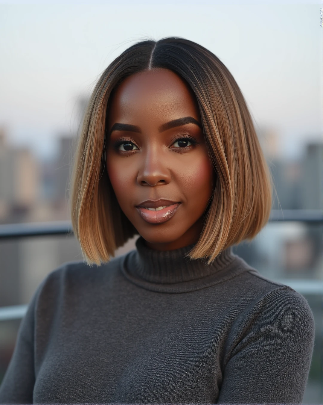 headshot portrait, modern photography style starring beautful ebony woman with model-like features in a professional photoshoot, chestnut blond straight bob hair.studio lighting rooftop city skyline setting. Wearing simple form-fitting crewneck sweater.  feminine confiedent neutral expression on her face while looking at the viewer.  <lora:Kelly_Rowland:1.0>