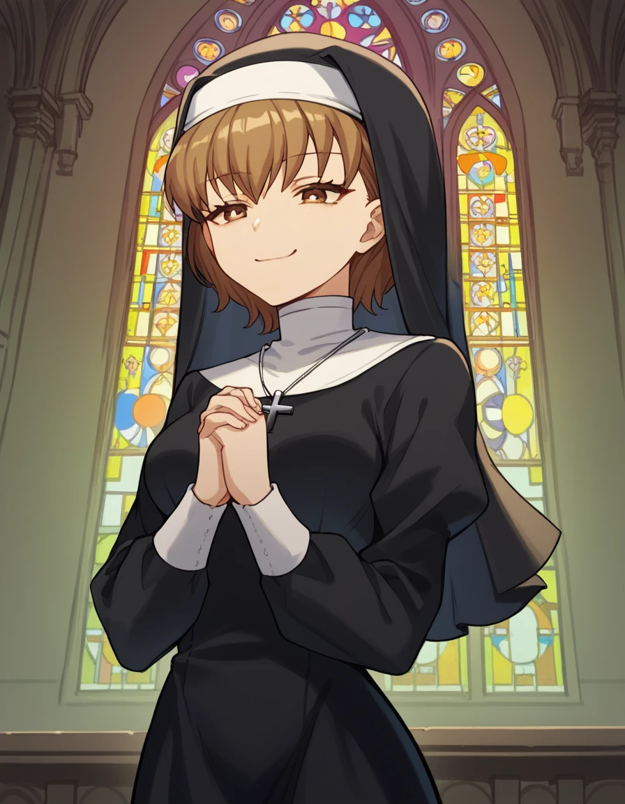 score_9, score_8_up, score_7_up, source_anime, <lora:honoka-tsutsui-s2-ponyxl-lora-nochekaiser:1>, honoka tsutsui, short hair, brown hair, brown eyes, medium breasts,, <lora:traditional-nun-ponyxl-lora-nochekaiser:1>, traditional nun, nun, habit, long sleeves, dress, black dress, jewelry, black veil, cross, cross necklace,, church, smug, praying,, , dutch angle, cowboy shot