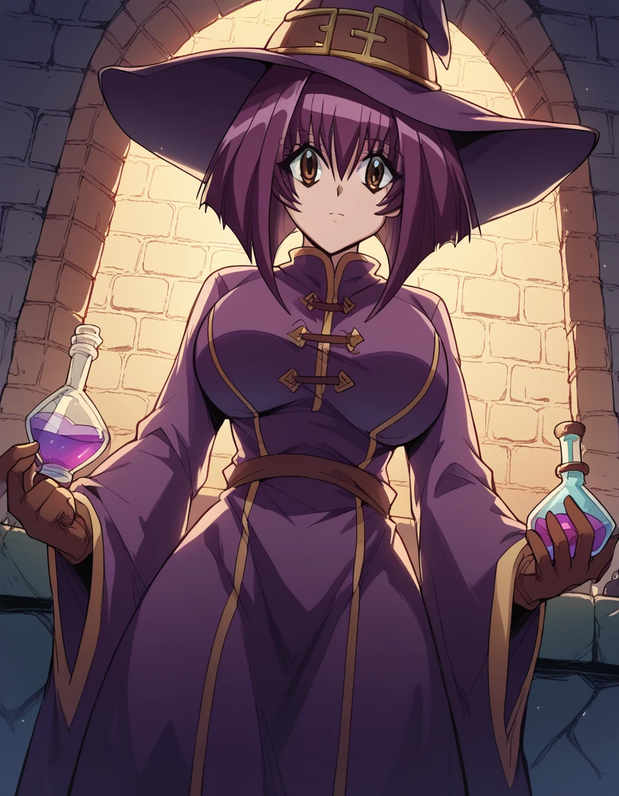 score_9, score_8_up, score_7_up, source_anime, <lora:karin-maaka-s1-ponyxl-lora-nochekaiser:1>, karin maaka, short hair, brown eyes, purple hair, hair intakes, bangs, large breasts,, <lora:wizard-ponyxl-lora-nochekaiser:1>, wizard, wizard hat, robe, dress, long sleeves, gloves,, indoors, bricks, potion, flask, vial,, cowboy shot,, , dutch angle, cowboy shot