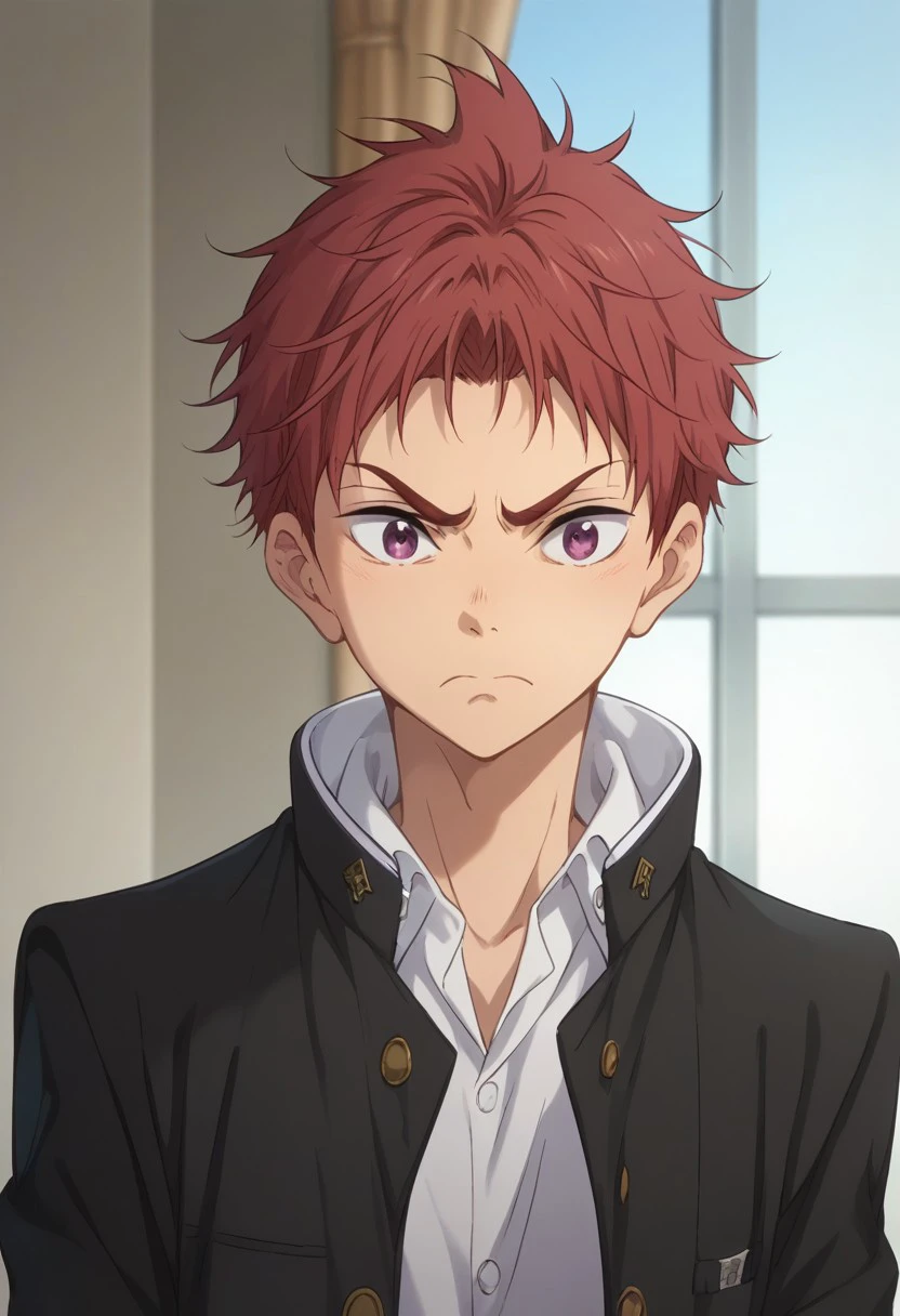 score_9, score_8_up, score_7_up, source_anime, highly detailed, 
asahi, 1boy, male focus, solo, red hair, purple eyes, school uniform, gakuran, jacket, black jacket, open jacket, open clothes, shirt, white shirt, upper body, frown, parody
indoor, window,