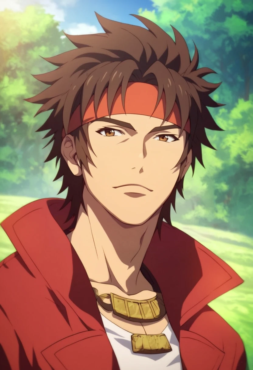 (masterpiece), (best quality), score_9, score_8_up, score_7_up, (masterpiece:1.2), (best quality:1.3), source_anime, 1boy, <lora:Yukimura_Sanada_Sengoku_Basara:0.8> ysanada_sgbs, headband, necklace, portrait, facing viewer, upper body, masterful composition, dynamic movement