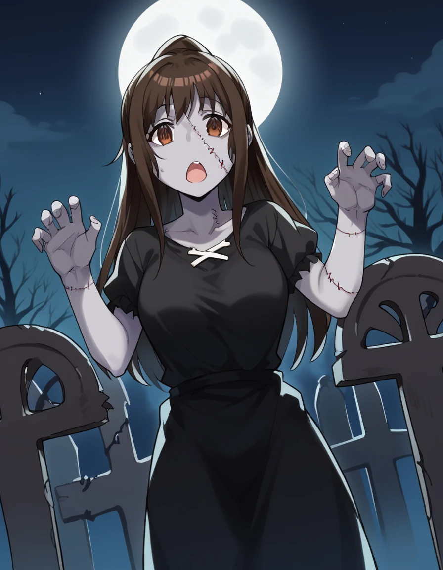 score_9, score_8_up, score_7_up, source_anime, <lora:yuzuru-inamori-s2-ponyxl-lora-nochekaiser:1>, yuzuru inamori, long hair, brown hair, brown eyes, ponytail, large breasts,, <lora:zombie-ponyxl-lora-nochekaiser:1>, zombie, colored skin, stitches, grey skin, multicolored skin, stitched face, zombie pose, halloween, halloween costume,, night, moon, graveyard, tombstone, grave, open mouth, , dutch angle, cowboy shot