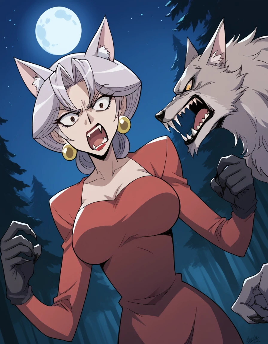 score_9, score_8_up, score_7_up, source_anime, <lora:carrera-maaka-s1-ponyxl-lora-nochekaiser:1>, carrera maaka, short hair, large breasts, brown eyes, grey hair, makeup, lipstick, mature female, <lora:werewolf-ponyxl-lora-nochekaiser:1>, werewolf, furry, fangs, animal ears, gloves, angry, teeth, animal ear fluff,, forest, night, moon, open mouth, , dutch angle, cowboy shot