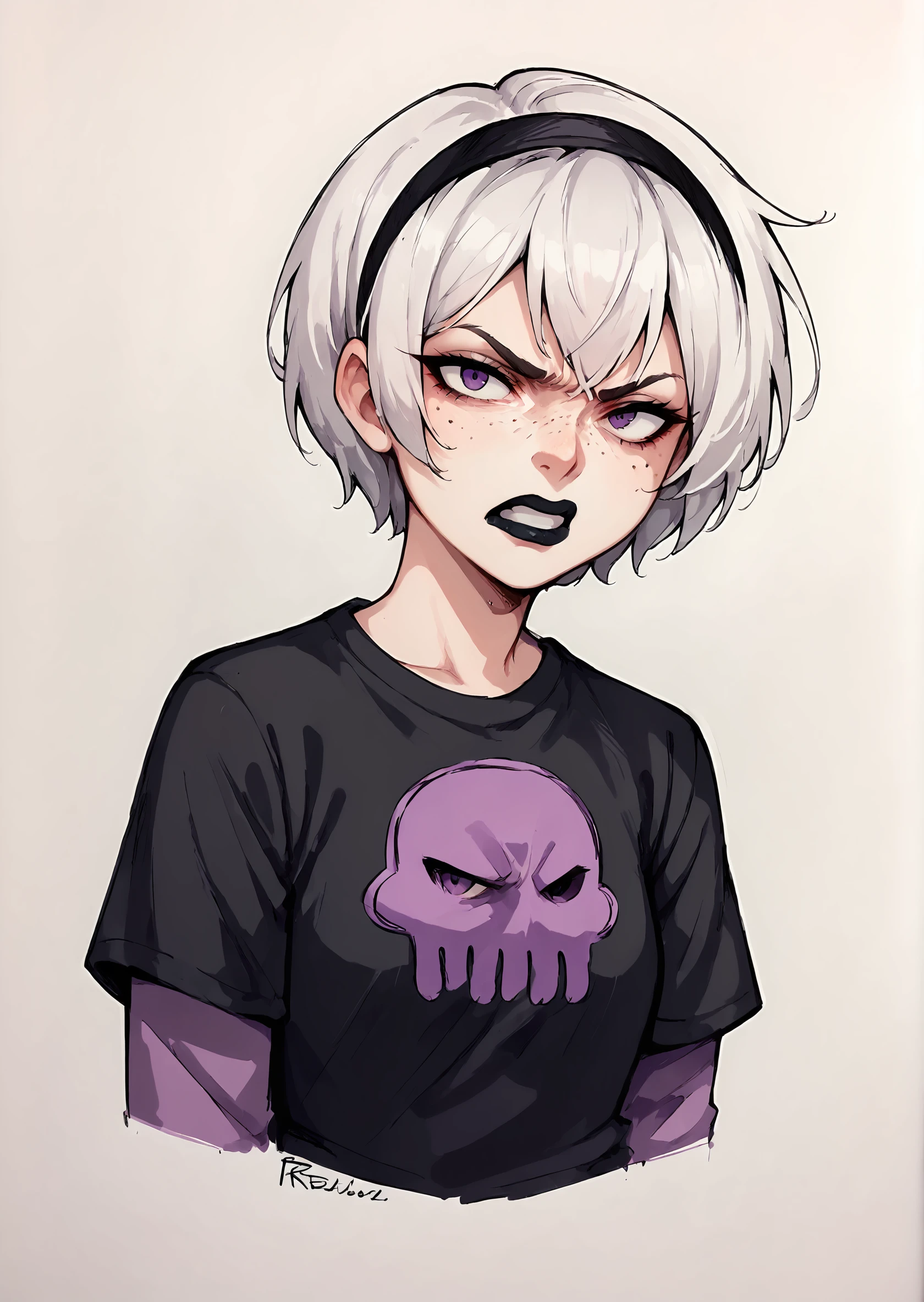 core_9, score_8_up, score_7_up, score_6_up, score_5_up, score_4_up,  1girl, white hair, black hairband, black lips, purple eyes, shirt print, <lora:Rose_Lalonde_-_outfits:0.8>, rosedress, shirt print, 1girl, solo, looking at viewer, short hair, shirt, upper body, hairband, teeth, traditional media, clenched teeth, t-shirt, angry, freckles, emotional, expressive, black dress, long sleeves, BREAK source_anime