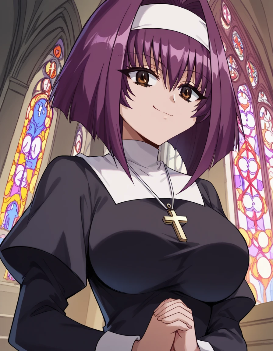 score_9, score_8_up, score_7_up, source_anime, <lora:karin-maaka-s1-ponyxl-lora-nochekaiser:1>, karin maaka, short hair, brown eyes, purple hair, hair intakes, bangs, large breasts,, <lora:traditional-nun-ponyxl-lora-nochekaiser:1>, traditional nun, nun, habit, long sleeves, dress, black dress, jewelry, black veil, cross, cross necklace,, church, smug, praying,, , dutch angle, cowboy shot