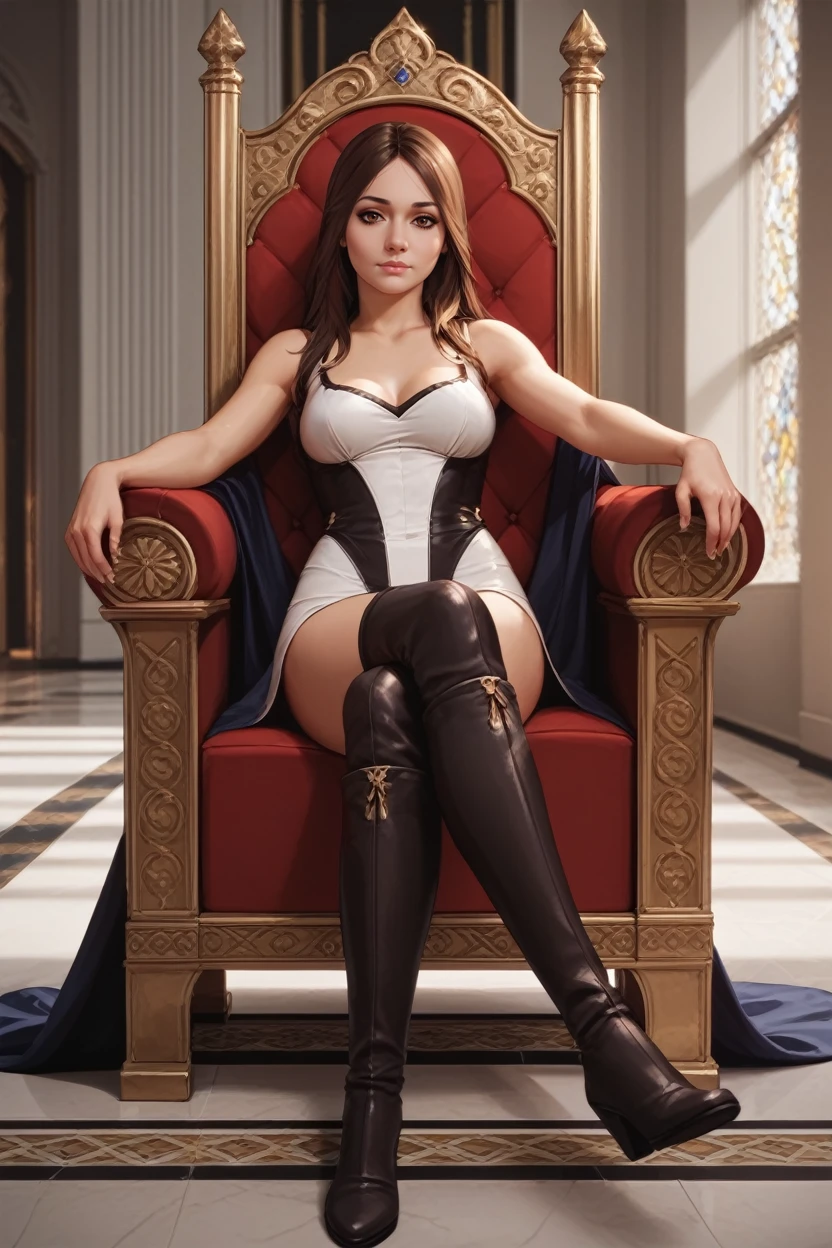 nude plump woman queen with short brown hair with gold necklace, in a decorated corset sits on a throne on a thick golden dildo, amazing crown on your head, spread her legs, inserted a dildo into her vagina, decorated crowded hall of the palace, stained glass windows, golden decorated throne, dramatic lighting, People look at her