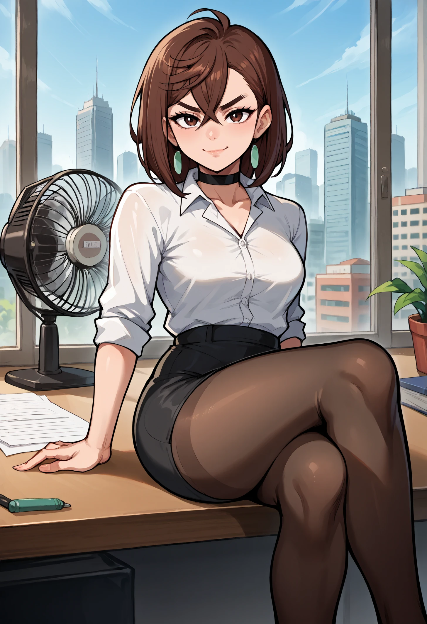 score_9, score_8_up,score_7_up, source_anime, 1girl, solo, aysmm, medium breasts, brown hair, brown eyes, medium hair, black choker, <lora:aysmm_pdxl_EliPot:1>,
 office lady, black pantyhose looking at viewer, smug, toned, sitting, crossed legs, sitting on table, indoors, office, window, cityscape, electric fan,