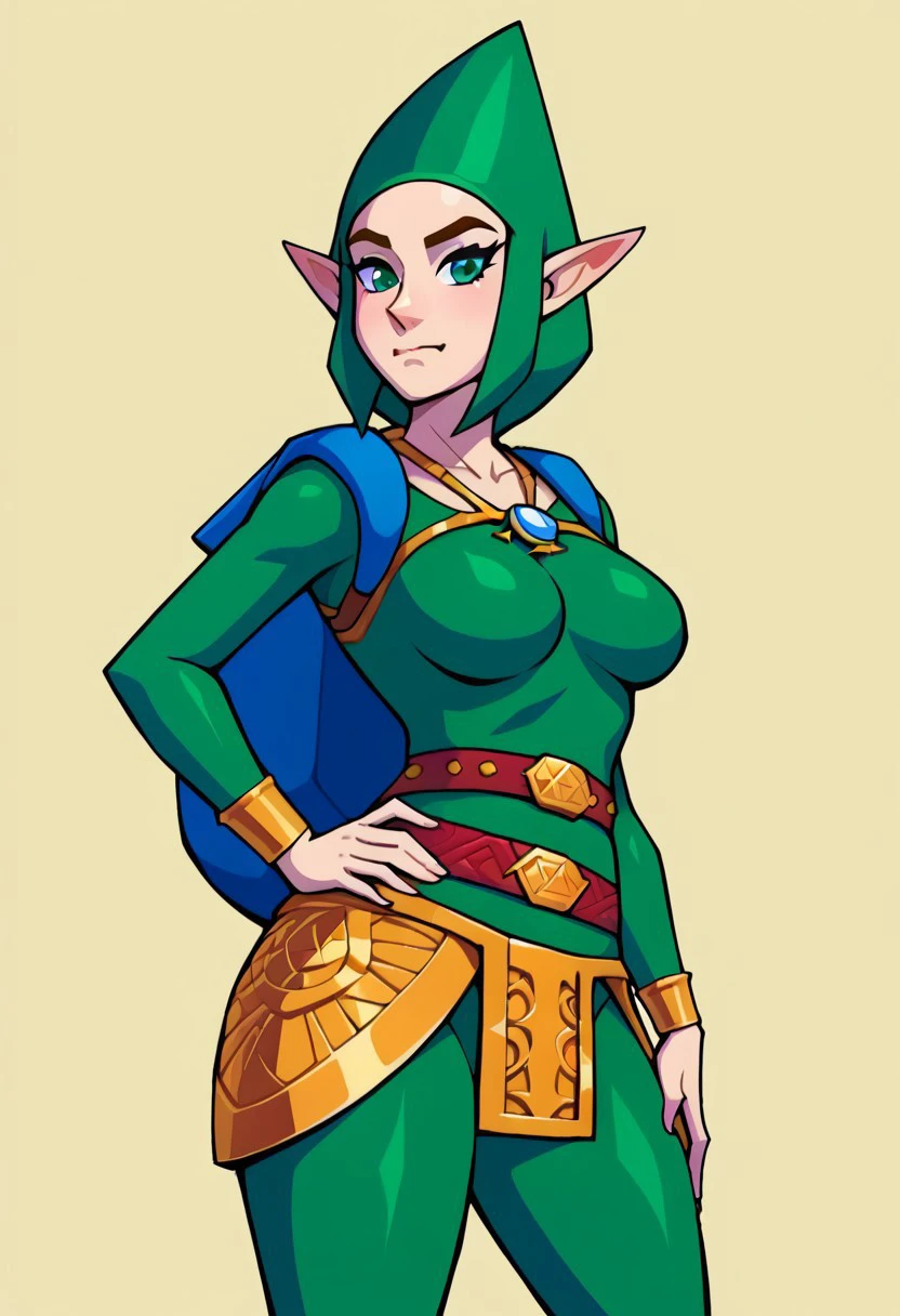 1girl, solo, breasts, looking at viewer, medium breasts, closed mouth, green eyes, cowboy shot, pointy ears, hand on hip, princess zelda
Tingle costume, green bosysuit, leather belt, gold buckle, watch around the neck, green hood, blue backpack, green boots.ears covered by the hood