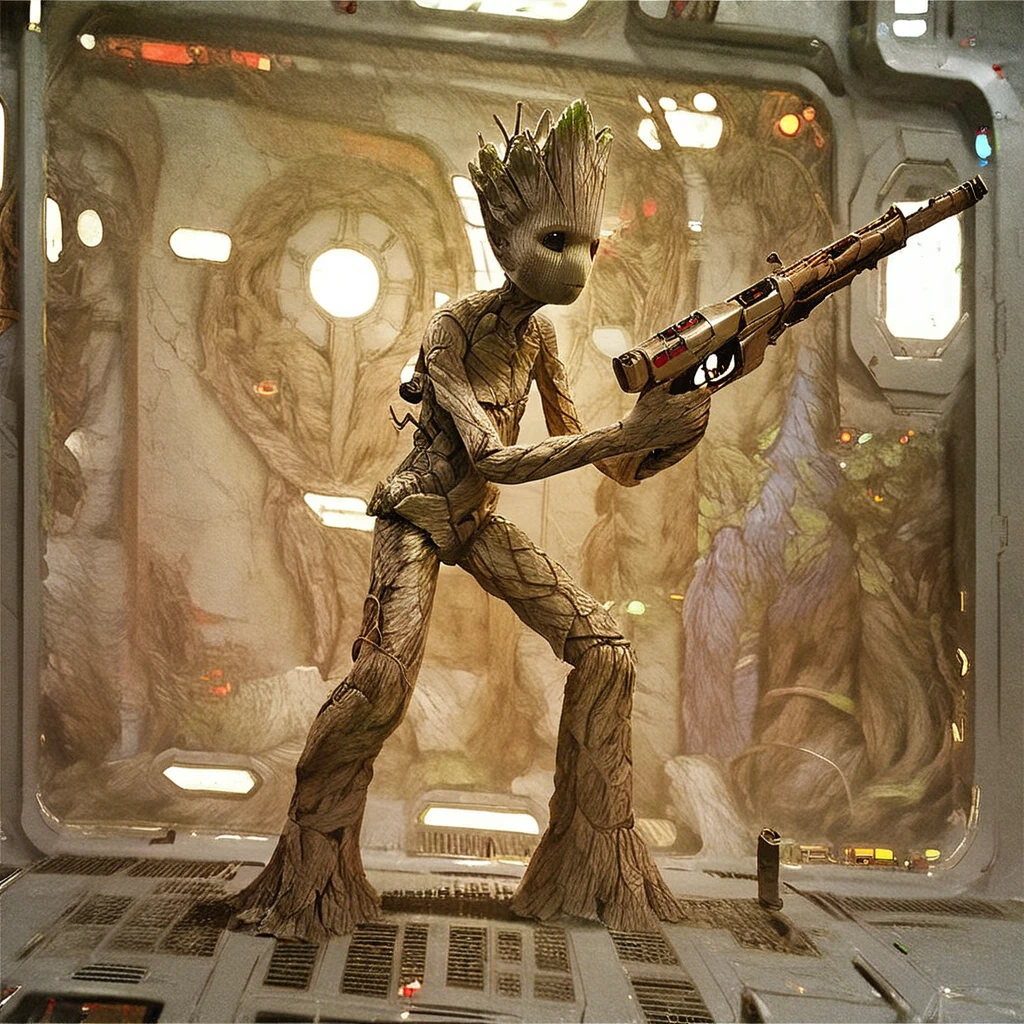 Score_7_up, score_8_up, full body, detailed, masterpiece , cinematic, Groot2, made of wood,  young, skinny, holding, gun, science fiction, indoors,