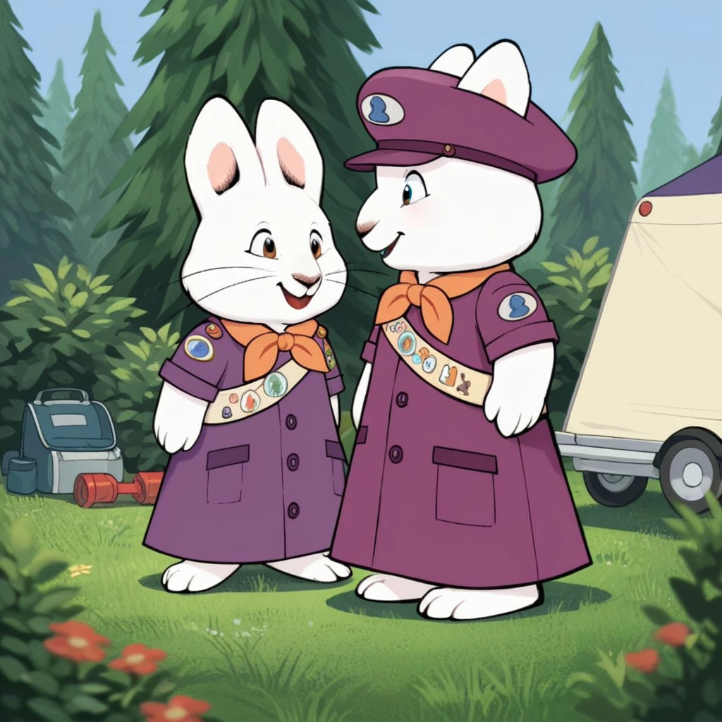 score_9, score_8_up, score_7_up, score_6_up, score_5_up, score_4_up, source_furry, Rubym&r,  female, rabbit, white fur, standing, Bunny Scouts uniform, purple dress, purple headwear, sash,  outside, camping, <lora:00947b84-7087-4644-bded-8b626e7a6754:0.7>