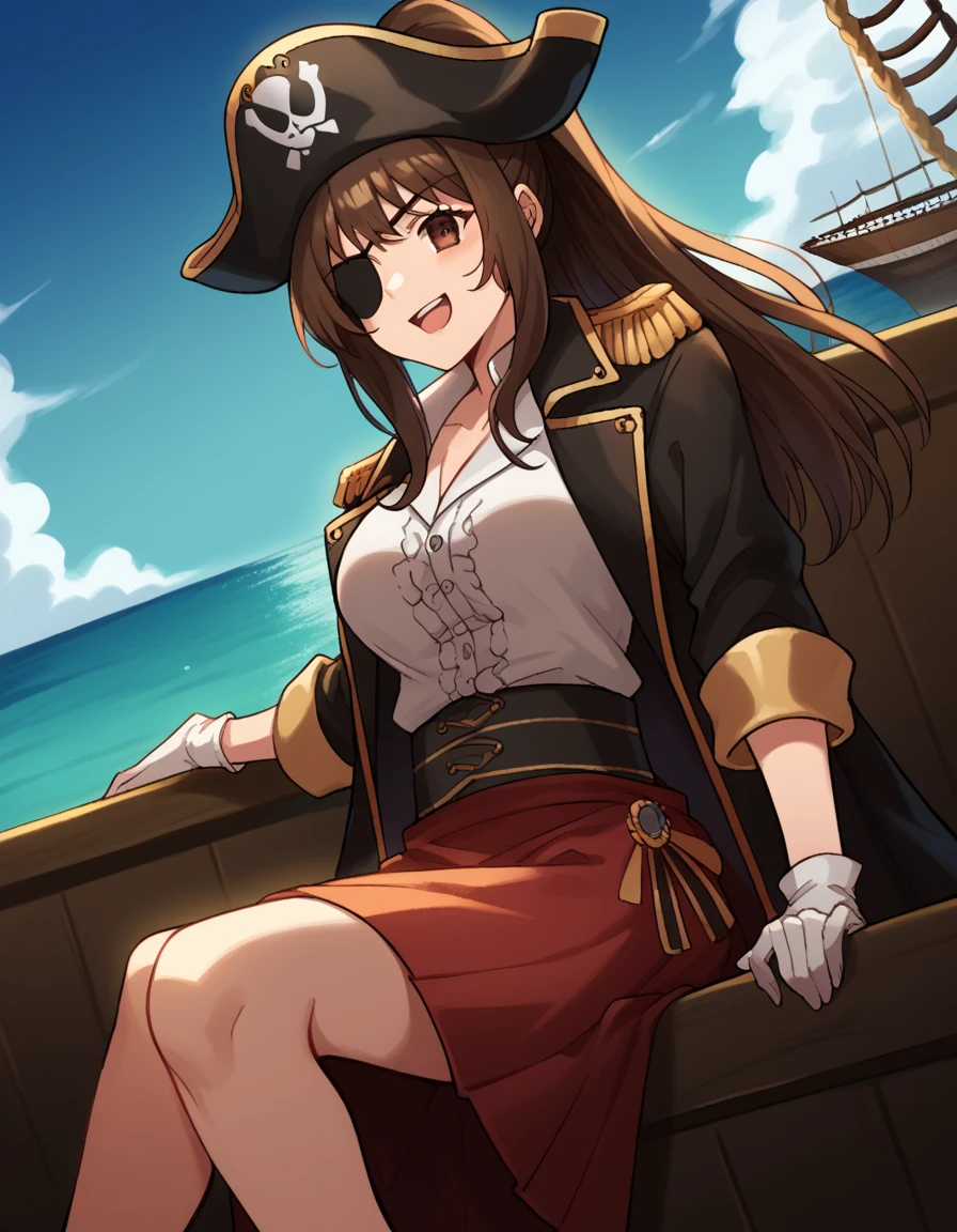 score_9, score_8_up, score_7_up, source_anime, <lora:yuzuru-inamori-s2-ponyxl-lora-nochekaiser:1>, yuzuru inamori, long hair, brown hair, brown eyes, ponytail, large breasts,, <lora:pirate-costume-ponyxl-lora-nochekaiser:1>, pirate costume, pirate hat, skirt, gloves, jacket, shirt, eyepatch,, blue sky, sea, ocean, pirate ship, treasure, gold, smug, open mouth, from below, sitting,, , dutch angle, cowboy shot