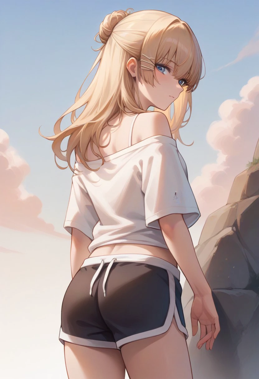 score_9, score_8_up, score_7_up, source_anime, BREAK, standing, from behind, butt, looking back, cowboy shot, blue eyes, long hair, blonde hair, hairclip, dolphin shorts, off-shoulder, shirt