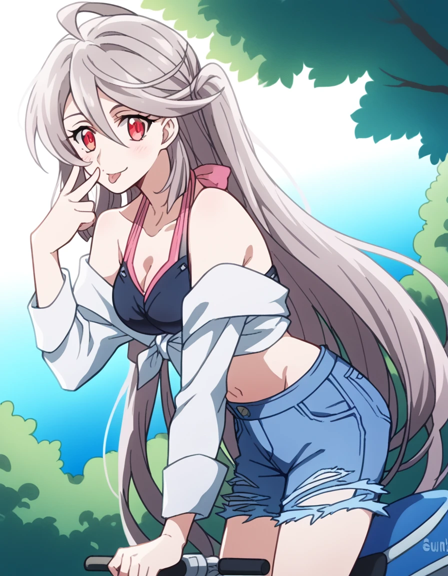 score_9, score_8_up, score_7_up, source_anime, <lora:seria-urutsuki-ova-ponyxl-lora-nochekaiser:1>, seria urutsuki, long hair, red eyes, hair between eyes, grey hair, ahoge, very long hair, medium breasts,, shorts, shirt, denim shorts, tied shirt, denim, white shirt, cutoffs, short shorts, blue shorts, long sleeves, bikini, bikini top only, black bikini, navel, midriff, bare shoulders, cleavage,, bike ride, countryside, dirt road, trees, afternoon sun, peaceful, alone, smile, <lora:akanbe-ponyxl-lora-nochekaiser:1>, akanbe, eyelid pull, finger to eye, tongue out, :p, tongue, ;p, blush, leaning forward, bent over, from side,, looking at viewer, solo,, dutch angle, cowboy shot