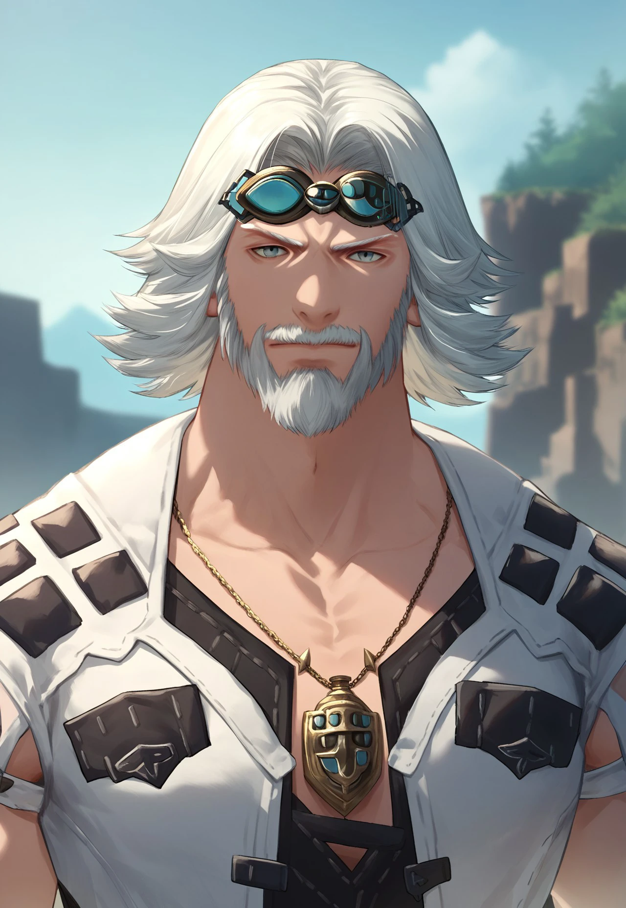 cid nan garlond, 1boy, male focus, facial hair, beard, solo, goggles, white hair, goggles on head, jewelry, mustache, necklace, upper body, sky, looking at viewer, outdoors, source_anime, score_9, score_8_up, score_7_up, score_6_up, score_5_up, score_5_up, score_4_up