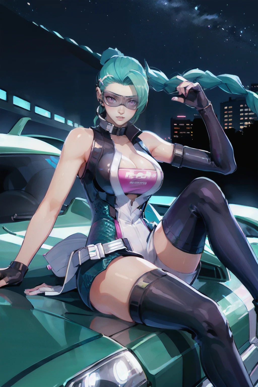 <lora:Airi_Racer_AoV_Model_LoRA:0.8>, Airi_RC, 1girl, solo, long hair, very long hair, braid, twin braids, multicolored hair, green hair, aqua hair, headset, looking at viewer, glasses, goggles, tinted eyewear, lips, collar, high collar, bare shoulders, cleavage, breasts, large breasts, gloves, fingerless gloves, elbow gloves, shorts, tight pants, white shorts, thighhighs, boots, thigh boots, high heels, shiny, car, car white color, super car, sitting on car
, ((outdoors, sky, cloud, blue sky, night, cloudy sky, building, star (sky), night sky, scenery, city, road, cityscape, skyscraper, city lights)), upper body, realistic, photo realistic, real life insert, best quality, ultra high res, (photorealistic:1.4), masterpiece, real life skin, hyper real