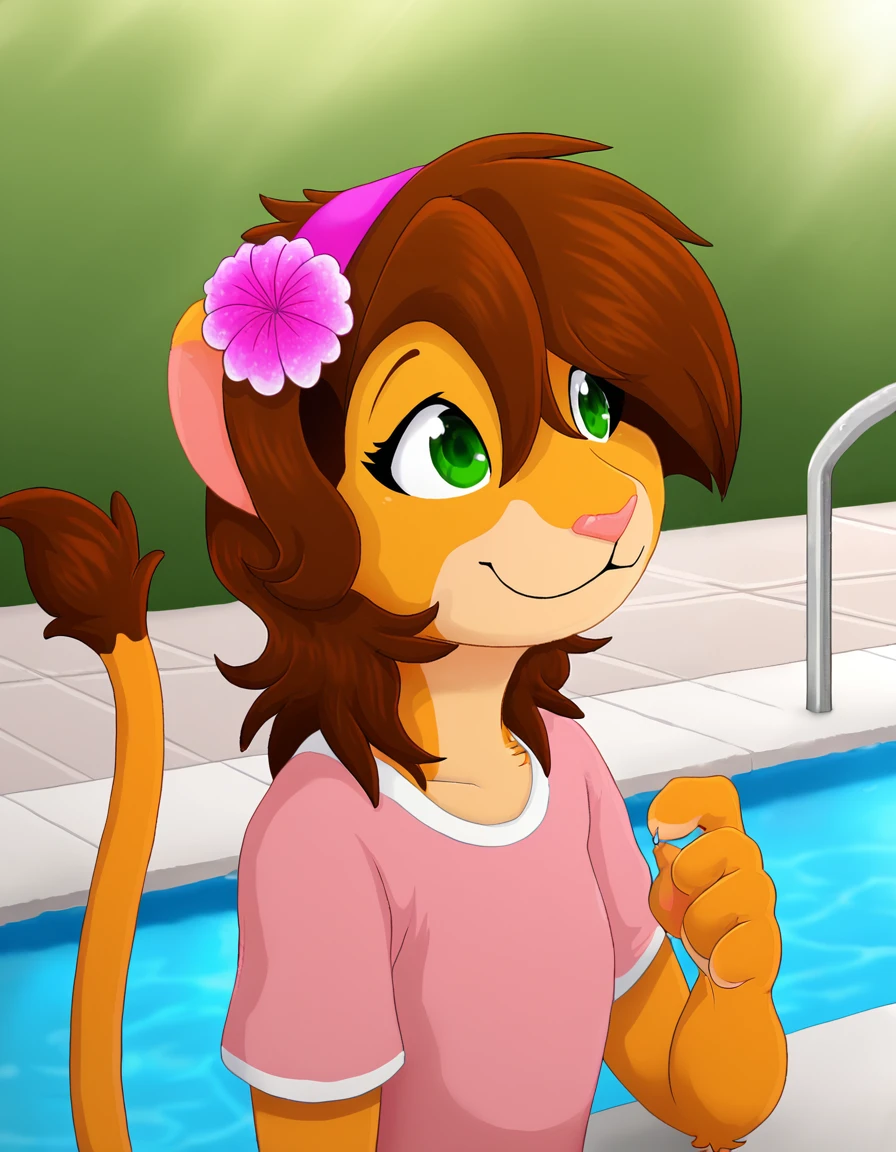 pool,
Keiko,1girl,solo,brown hair,furry,furry female,green eyes,smile,animal ears,tail,animal nose,hairband,hair ornament,hair flower,body fur,short hair,bangs,lion ears,
upper body, smile, long eyelashes, 
pink t-shirt, 
<lora:Keiko_v03_PDXL:1>,
<lora:add-detail-xl:1>,