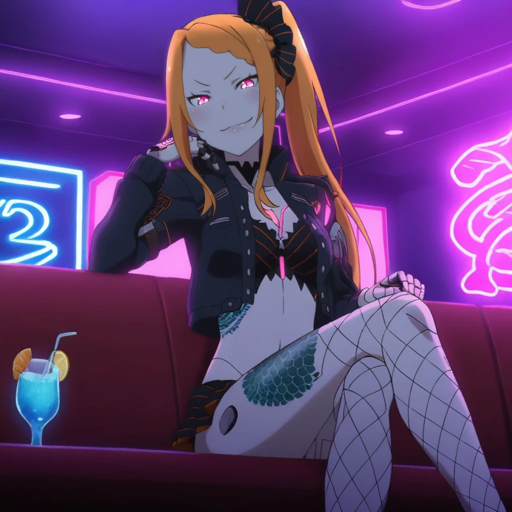 best quality, good quality, r3z3r0_styl3, anime screencap, 1girl,neon lights, nightclub, indoors, smirk, priscilla barielle, crossed legs, dragon tattoo, sitting, drink, cyborg, robot joints, fishnets, elbow rest, cropped jacket, open jacket