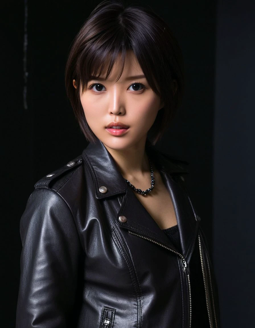 aoi tsukasa, 1girl, solo,  bracelet, jewelry, realistic, black short hair, black eyes, ultra pose
Wearing a leather jacket, (body shot)
 (<lora:Aoi_Tsukasa:1> Aoi Tsukasa),
parted lips, (black room background:1),