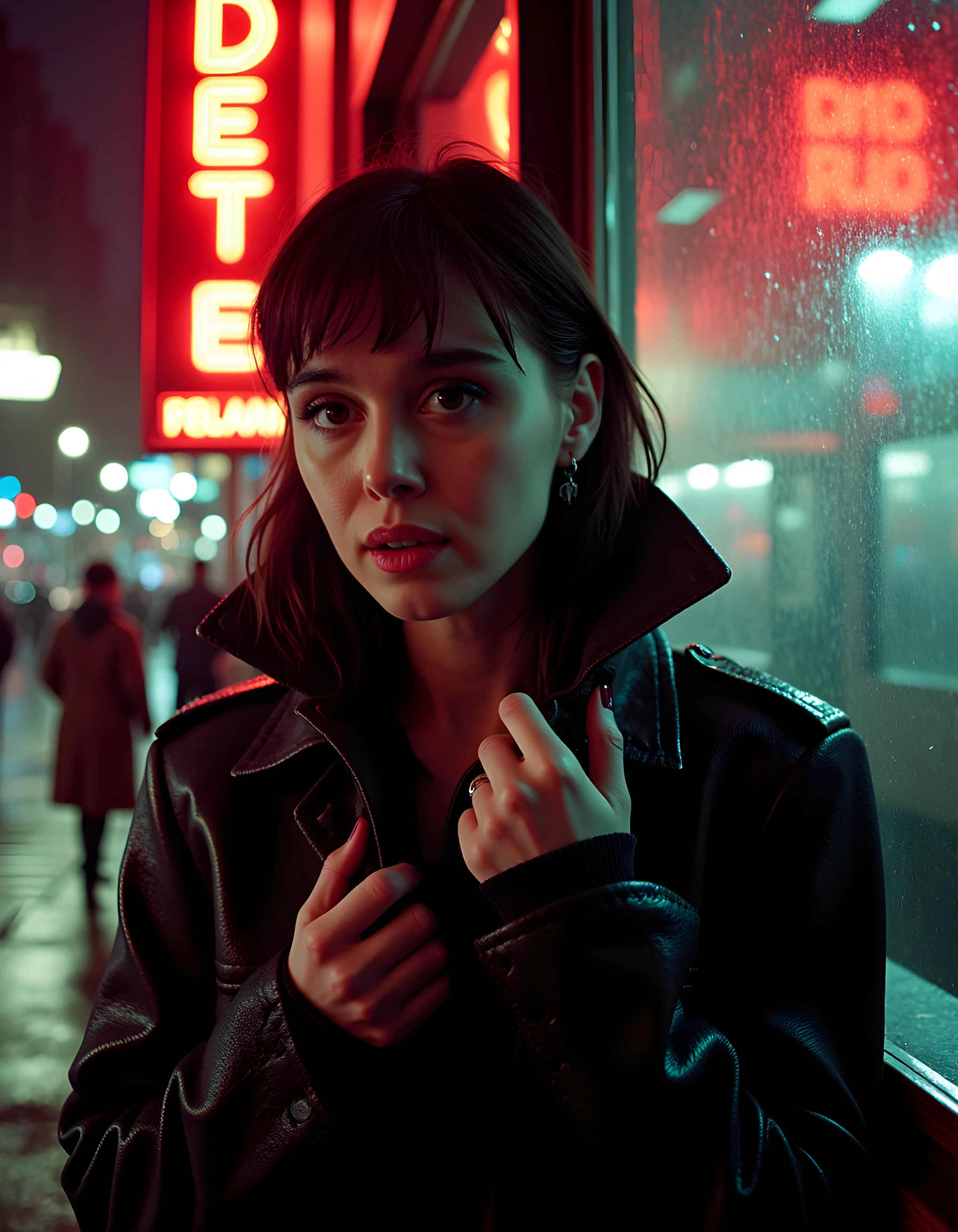 In a noir-inspired scene, set against the gritty backdrop of rain-soaked 1940s New York City, CHR15T1N3B, a woman with an enigmatic air, is captured in a close-up shot. Her eyes, framed by thick black eyeliner and a red lipstick smudge, pierce through the gloom as she stands silhouetted against a neon-lit diner window. Draped in a sleek, trench coat that shimmers with rainwater, her fingers clench the lapels of the coat, accentuating the tension and determination etched onto her face, as if ready to take on the city's underworld. The harsh, contrasting light creates deep shadows that highlight her striking features, while the vibrant reflections from the neon signs illuminate her defiant spirit.