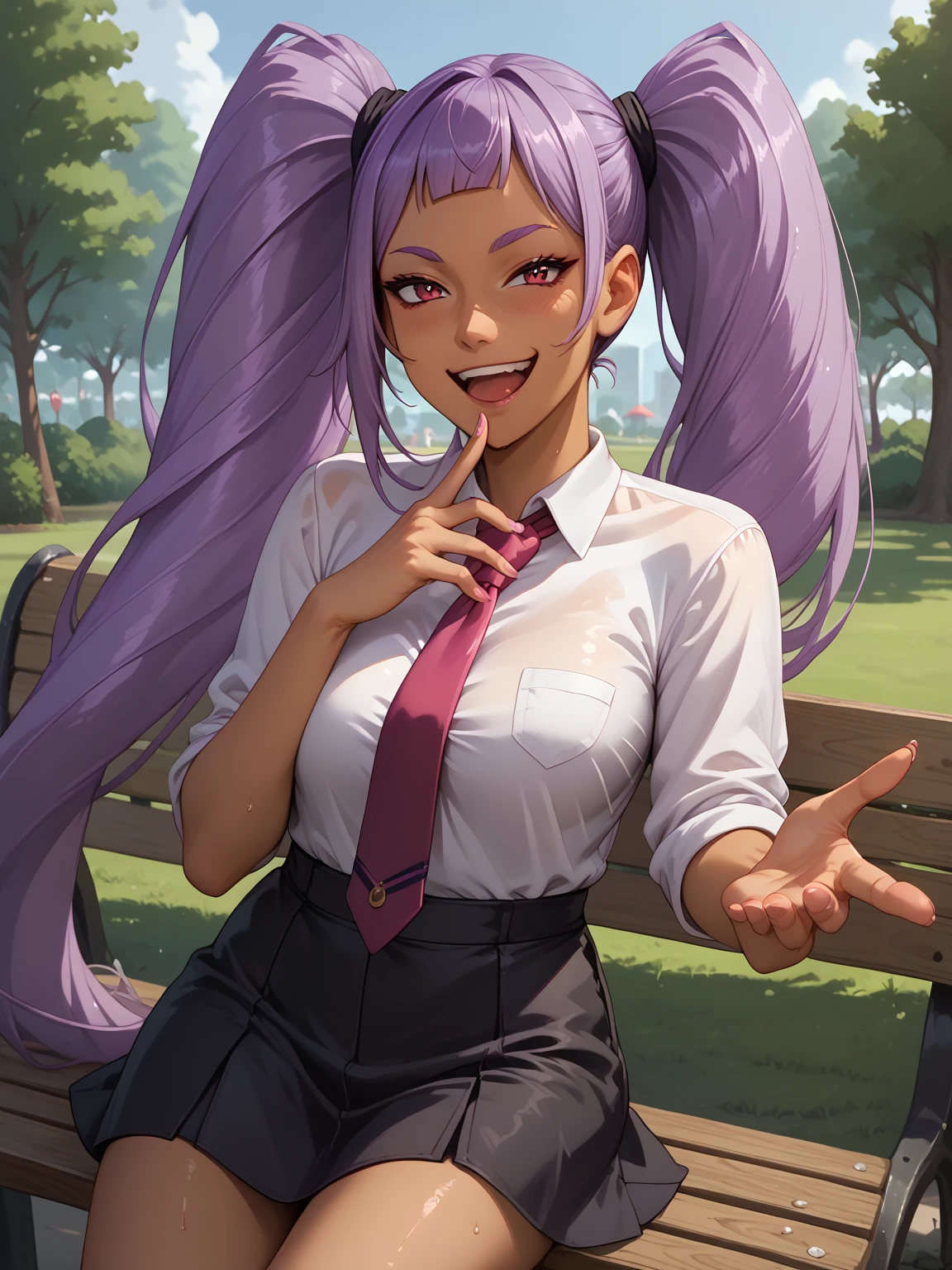 score_9, score_8_up, score_7_up, score_6_up, score_5_up, score_4_up, detailed eyes, beautiful eyes, <lora:PONYXL_FD-MegaBreastPack:0.7>  <lora:Entrapta_V2:1> purple hair, twintails, red eyes, dark skin, collared shirt, short skirt, black skirt, medium breasts, cleavage, red necktie, loose necktie, slender, fit body, upskirt, sweaty, wet skin, smug, smirk, angled from the side, park bench  , ojou-sama pose, laughing, smug, hand to own mouth, open mouth, <lora:Beckoning_XLPD:1> beckoning, reaching towards viewer