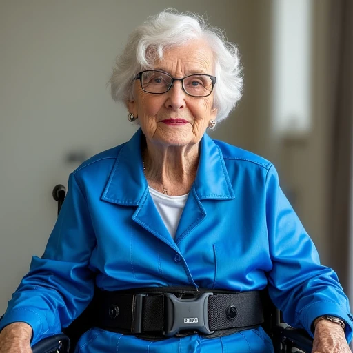 a 80 year old woman wears a two point padded wheelchair belt, a thickly padded abdominal belt and a chest belt, they are all shiny blue nylon