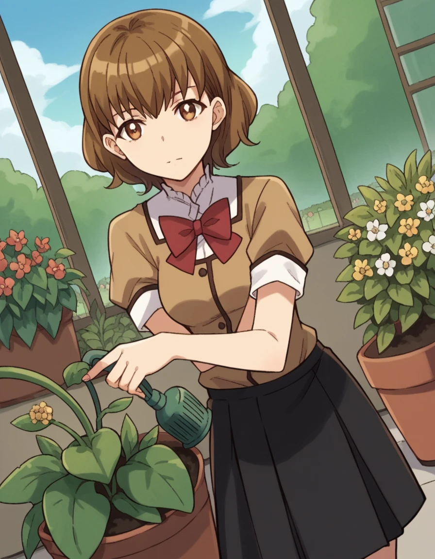 score_9, score_8_up, score_7_up, source_anime, <lora:honoka-tsutsui-s2-ponyxl-lora-nochekaiser:1>, honoka tsutsui, short hair, brown hair, brown eyes, medium breasts,, skirt, bow, school uniform, bowtie, red bowtie, black skirt, brown shirt, gardening, watering plants, backyard, flowers blooming, sunny day,, , leaning forward,, looking at viewer, solo,, dutch angle, cowboy shot