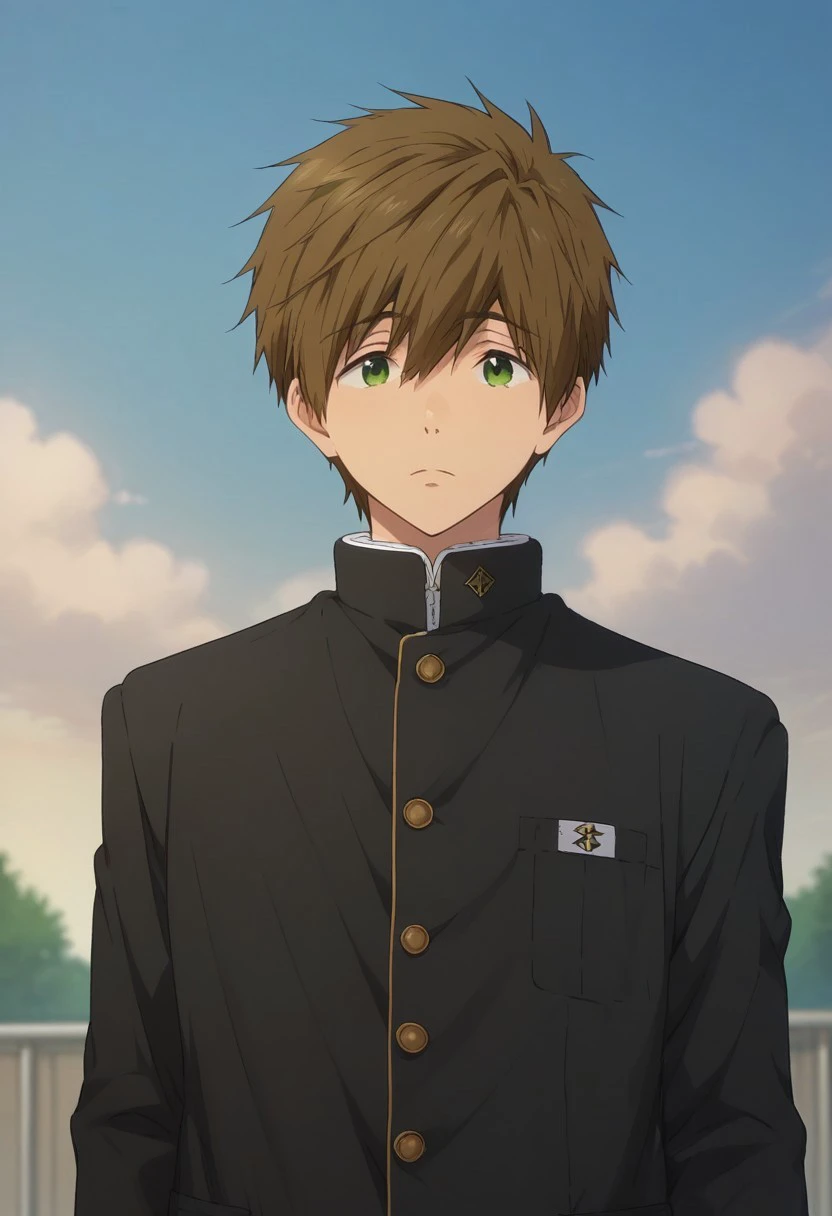 score_9, score_8_up, score_7_up, source_anime, highly detailed, 

makoto,1boy, male focus, solo, brown hair, hair between eyes, green eyes, school uniform, gakuran, jacket, black jacket,

outdoor, sky,