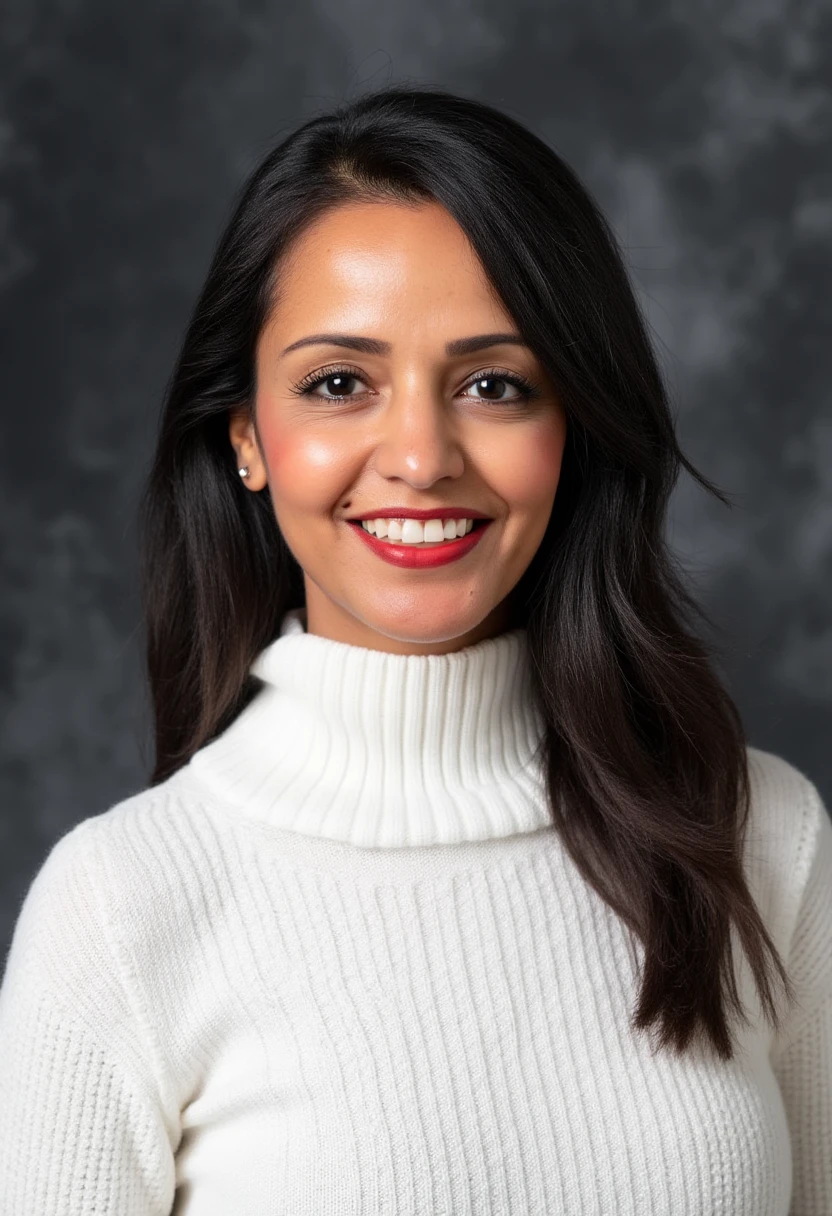 A professional portrait photo of sawsanchebli, a woman. She is smiling, showing her teeth. She is wearing a white knit turtleneck sweater. The background is blurry and shows a dark gray professional photo studio canvas.
