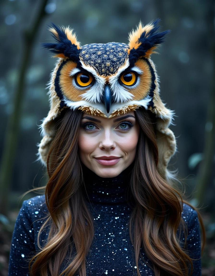 88nimalhd <lora:88nimalhd_rank8_bf16-step01000:1>,  Front view image of Angelina Jolie wearing an owl headdress and color matching clothes with a matching night sky forest-themed background, looking at the viewer with a smile.