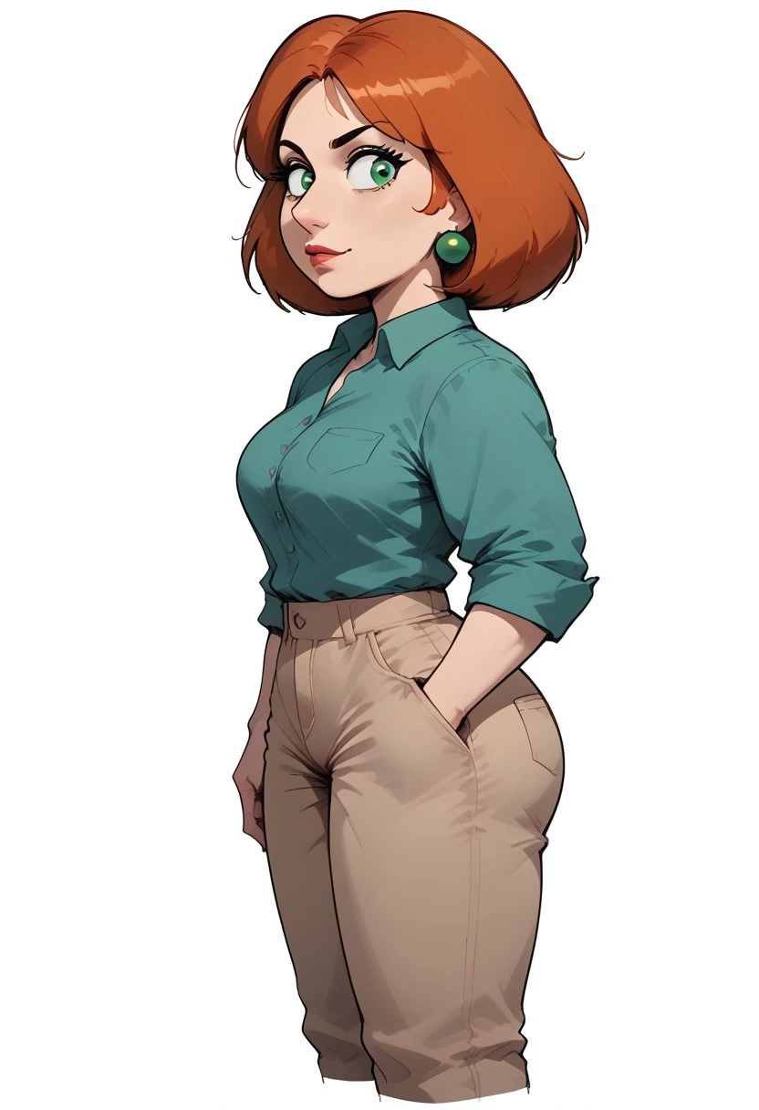 solo, Lois, earrings, cowboy shot, khaki pants, green button-up blouse, rolled up sleeves, green eyes, thigh gap, reference sheet, (full body, from side, front:1.1), upper body, simple white background, charturnerv2