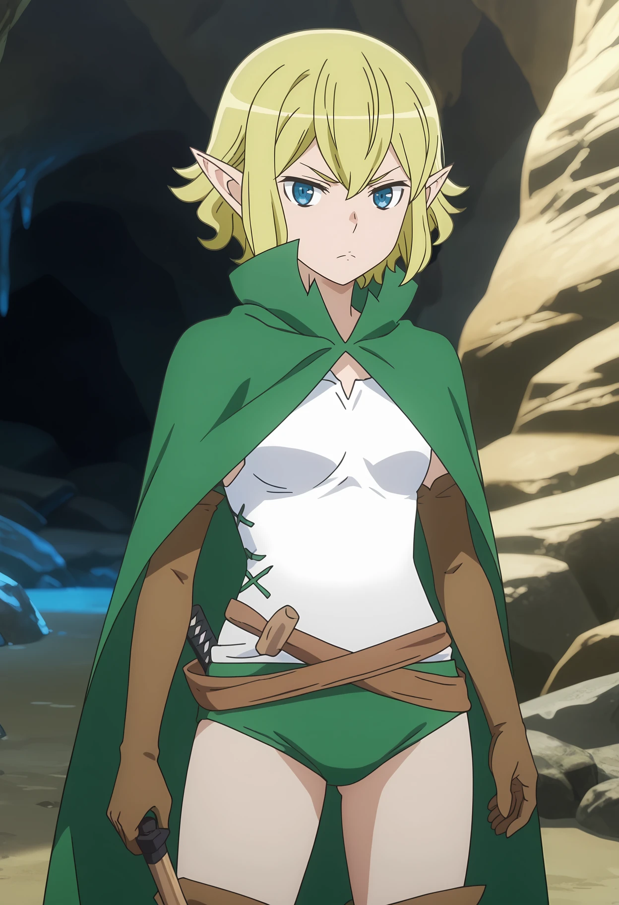 score_7_up, anime screencap,
<lora:DanMachi_RyuuLionXL:0.9>,
1girl, solo, closed mouth, serious,
short hair, blonde hair, green hair, blue eyes, pointy ears,
RyuuCape, hooded cloak, green cloak, white shirt, elbow gloves, brown gloves, buruma, green shorts,
wooden sword,
standing, looking at viewer,
dark, cave, dungeon