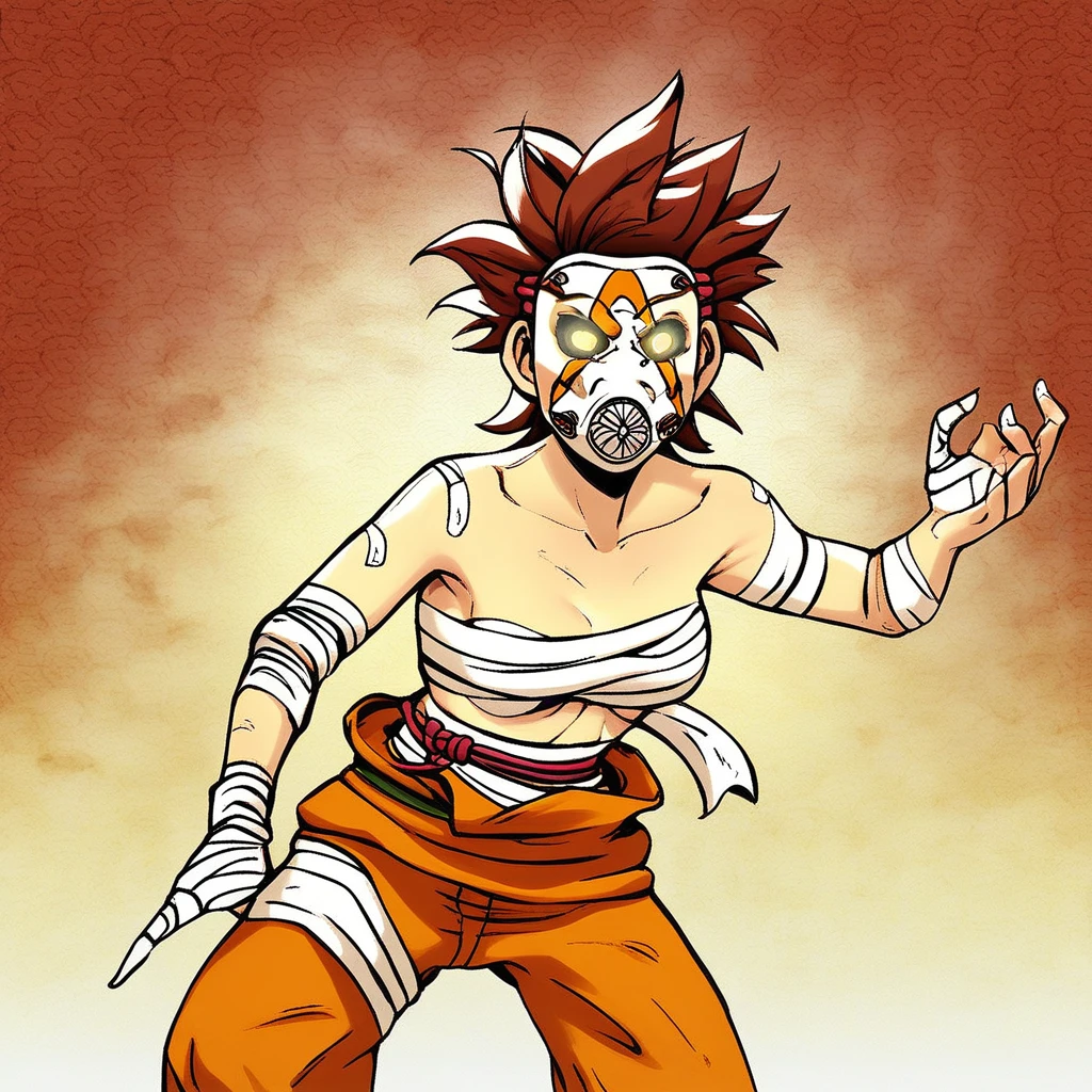 1girl, solo,  orange pants,  sarashi,  mask,  short hair,  glowing eyes, bandages,