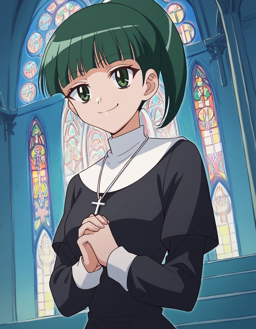 score_9, score_8_up, score_7_up, source_anime, <lora:maki-tokitou-s1-ponyxl-lora-nochekaiser:1>, maki tokitou, bangs, green hair, green eyes, ponytail, blunt bangs, medium breasts,, <lora:traditional-nun-ponyxl-lora-nochekaiser:1>, traditional nun, nun, habit, long sleeves, dress, black dress, jewelry, black veil, cross, cross necklace,, church, smug, praying,, , dutch angle, cowboy shot