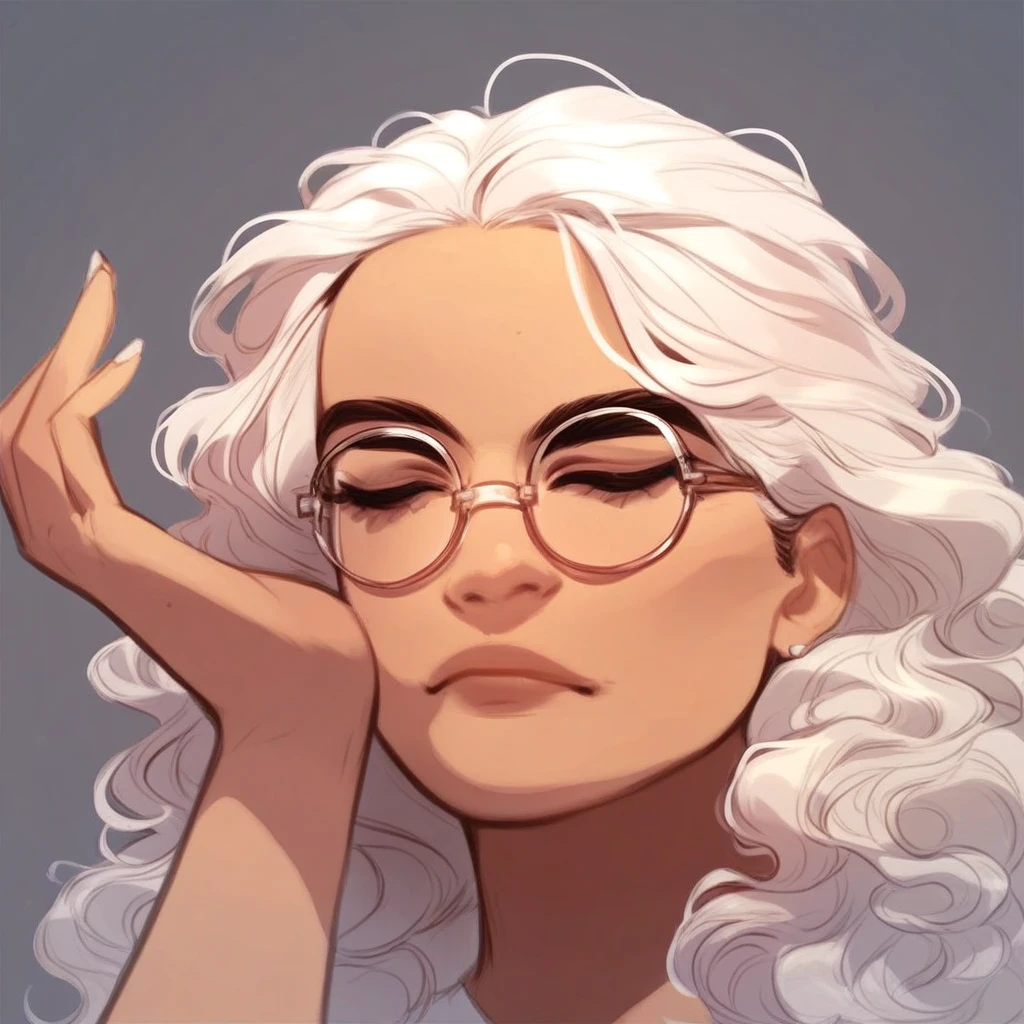 female focus, solo focus, solo, score_9, score_8_up, score_7_up, <lora:Capitan Kuro lifting glasses:1> 1 girl, latina, latina woman, white hair, long hair wavy hair,  Kuroliftingglasses, lifting glasses, adjusting glasses, glasses