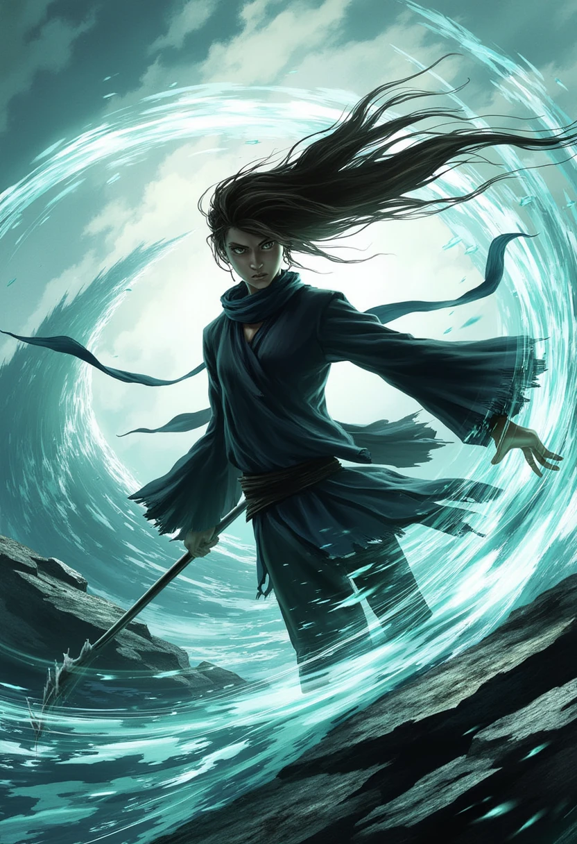 Minimalist art of Rin Okumura who Focus on agility training in A rocky coastline battered by fierce winds and waves, jealous, serious, Staff of Corruption. fantasy Illustration, award-winning, Artgerm, High detail, ultra realistic, masterpiece