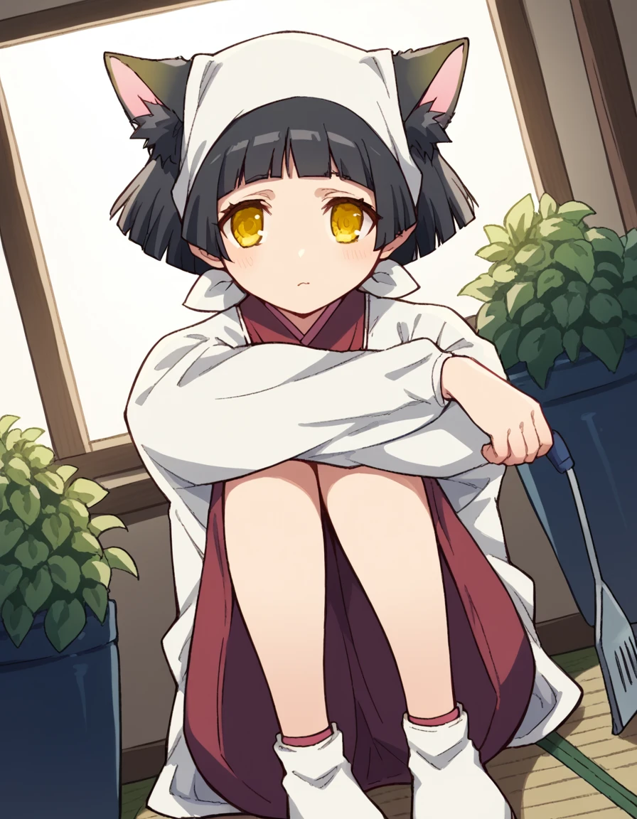 score_9, score_8_up, score_7_up, source_anime, <lora:dorm-mistress-s2-ponyxl-lora-nochekaiser:1>, dorm mistress, short hair, black hair, animal ears, yellow eyes, cat ears,, japanese clothes, kimono, apron, head scarf,, gardening, watering plants, backyard, flowers blooming, sunny day,, , <lora:knees-to-chest-ponyxl-lora-nochekaiser:1>, knees to chest, ass peek, breast press, sitting, knees up, hugging own legs,, looking at viewer, solo,, dutch angle, cowboy shot