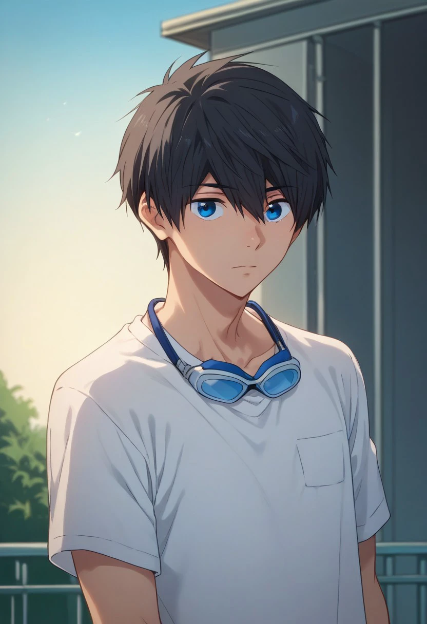 score_9, score_8_up, score_7_up, source_anime, highly detailed, 
haruka, 1boy, male focus, solo, black hair, short hair, hair between eyes, blue eyes, shirt, t-shirt, white shirt, short sleeves, goggles, goggles around neck, upper body,
outdoor, sky,