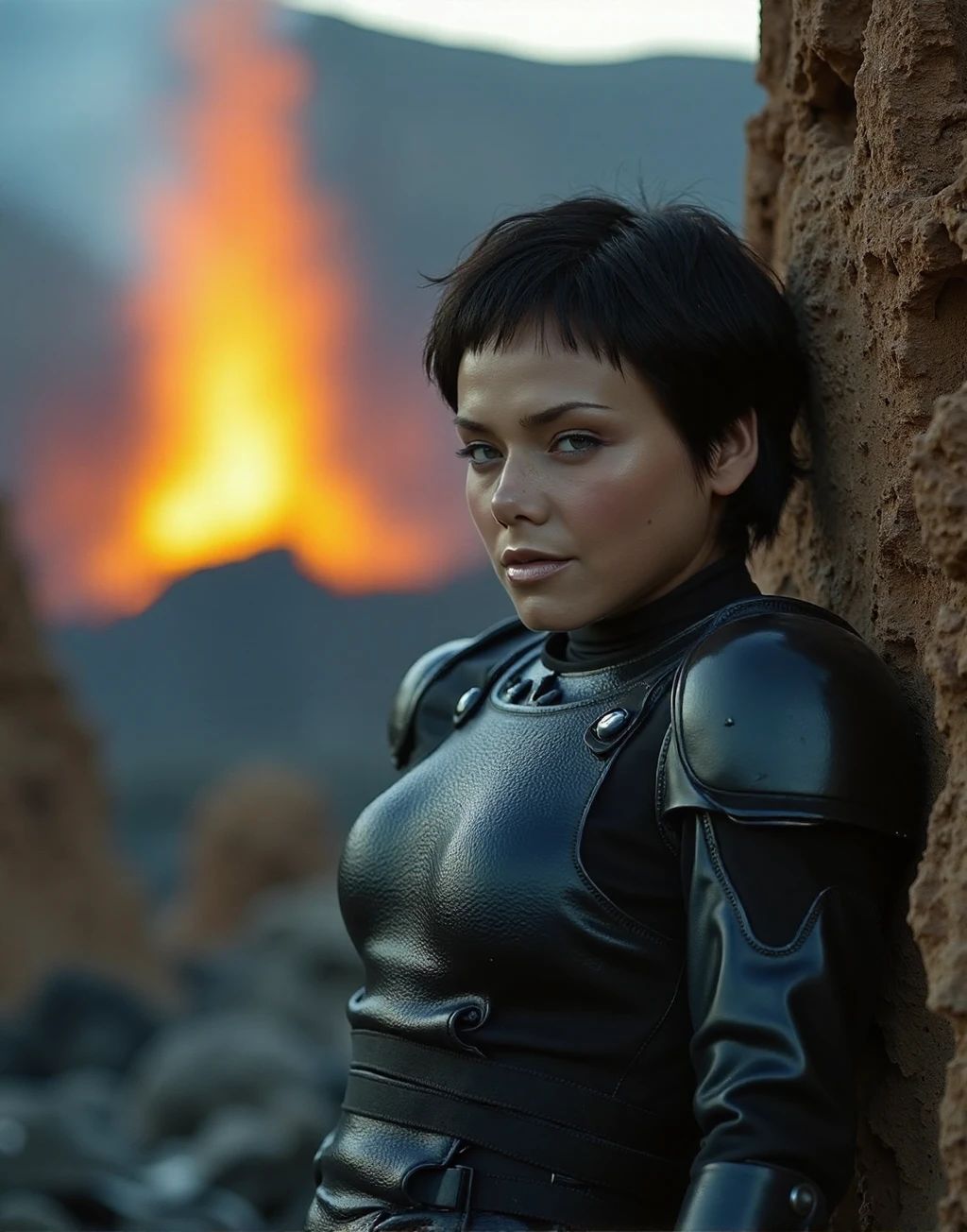 A professional three quarters photograph of an exhausted young woman, p1x1e, dressed in a full suit of sci-fi power armour, leaning against scorched rocks in a blasted wasteland with an active volcano in the background, (very short hair, pixie haircut), detailed skin, bokeh, (SFW), no nipples<lora:Pixie_aka_Nadia-000015:1>