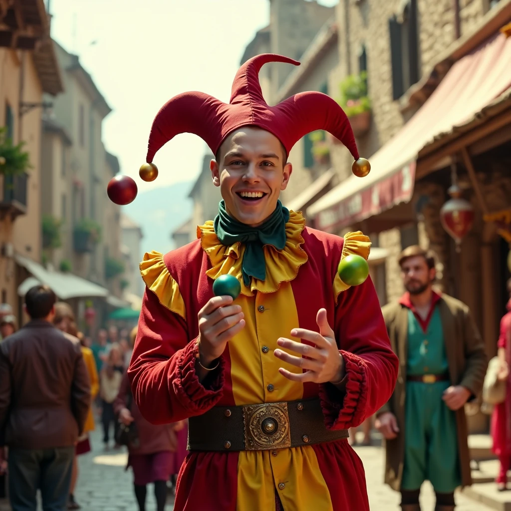 Imagine an image in the style of cinematic photorealism of a male jester in a medieval street, wearing a vibrant red and yellow jester costume with a fool’s hat, juggling three colorful balls in front of a crowd. The stone buildings and bustling marketplace create a lively background as the jester entertains.