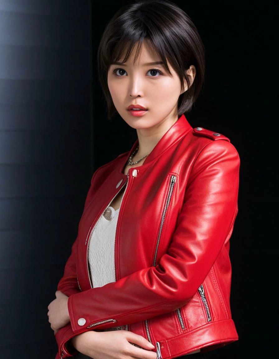 aoi tsukasa, 1girl, solo,  bracelet, jewelry, realistic, black short hair, black eyes, ultra pose
Wearing a red leather jacket, (body shot)
 (<lora:Aoi_Tsukasa:1> Aoi Tsukasa),
parted lips, (black room background:1),