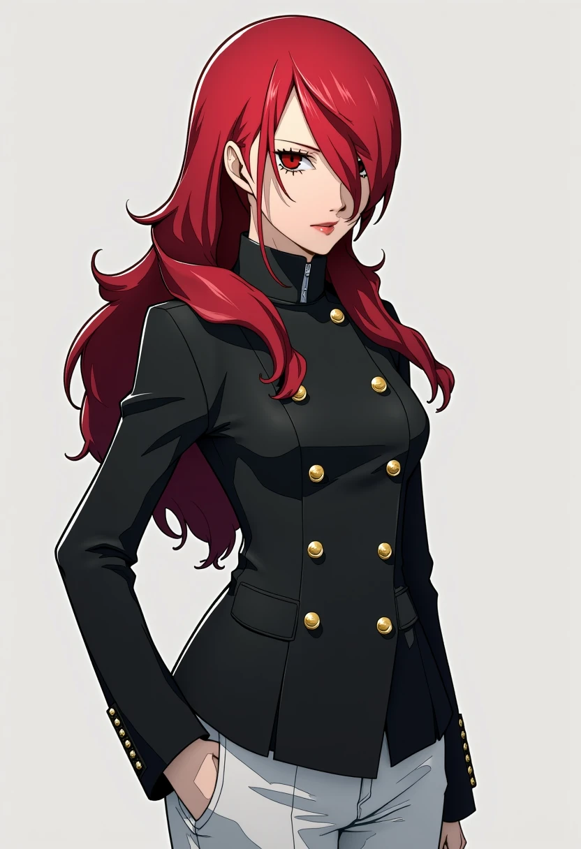 A detailed solo portrait of mitsuru kirijo
Anime style, sharp, high contrast and highly detailed.,
<lora:persona_3_mitsuru_kirijo_flux_v1_2-000013:1>,,
Full body. simple background, serious face.
She is wearing a stylish black double-breasted jacket with buttons running along the front, giving it a sleek, formal look. The jacket is tailored and fits snugly, accentuating the figure, with long sleeves adding to the overall polished appearance. The character is also wearing white pants, which provide a sharp contrast to the black jacket and add a modern, fashionable touch. The combination of the fitted jacket and high-waisted white pants gives the outfit a blend of sophistication and authority, making it suitable for both casual and professional settings. The characterâs long red hair is styled neatly, completing the poised and elegant look. The overall appearance exudes confidence and control.