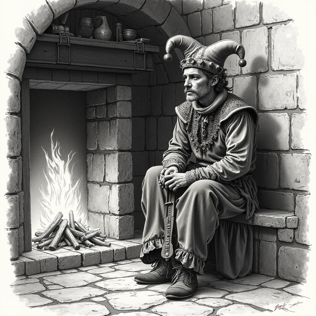 Imagine an image in the style of a pencil sketch of a male jester sitting by the hearth of a medieval tavern. He wears a worn-out jester's outfit with faded colors, his hand resting on a lute as he gazes pensively into the fire. The shadows cast across the stone walls of the tavern emphasize the somber mood.