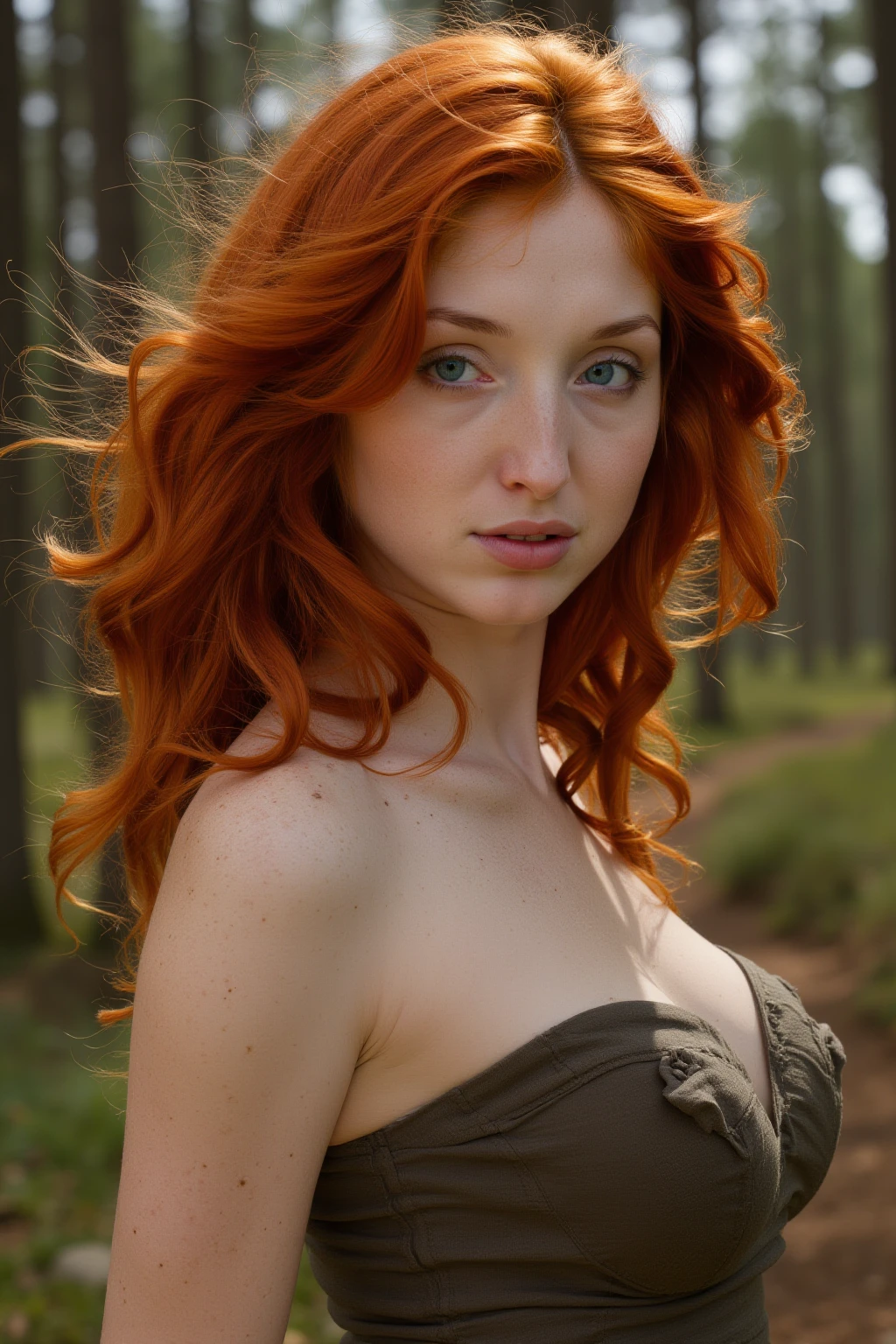 portrait of a 30 year old redfox woman, detailed face, 1950s style clothes and hair,hair on wind, blue eyes, skin freckles, redhead freckles, shy smile, wearing, slender, petite, cute, freckles on cheeks and nose, pale skin, forest in background, leaves falling from trees in the wind, strong wind.