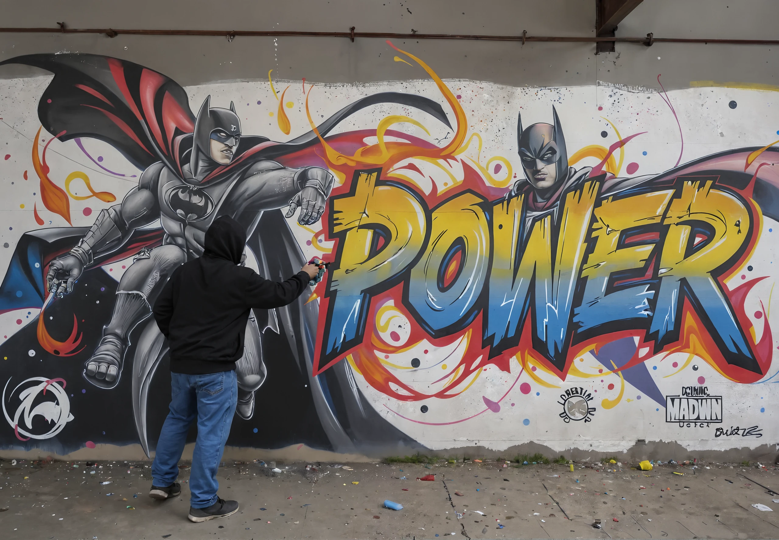 a disused factory with men in hoods spray-painting a multicolored graphiti hip hop intricate fresco with various details made with spray paint on one wall depicting DC universe characters in action , with the big hip hop stylized words written âPOWERâ, <lora:graphiti4flux:1> graphiti