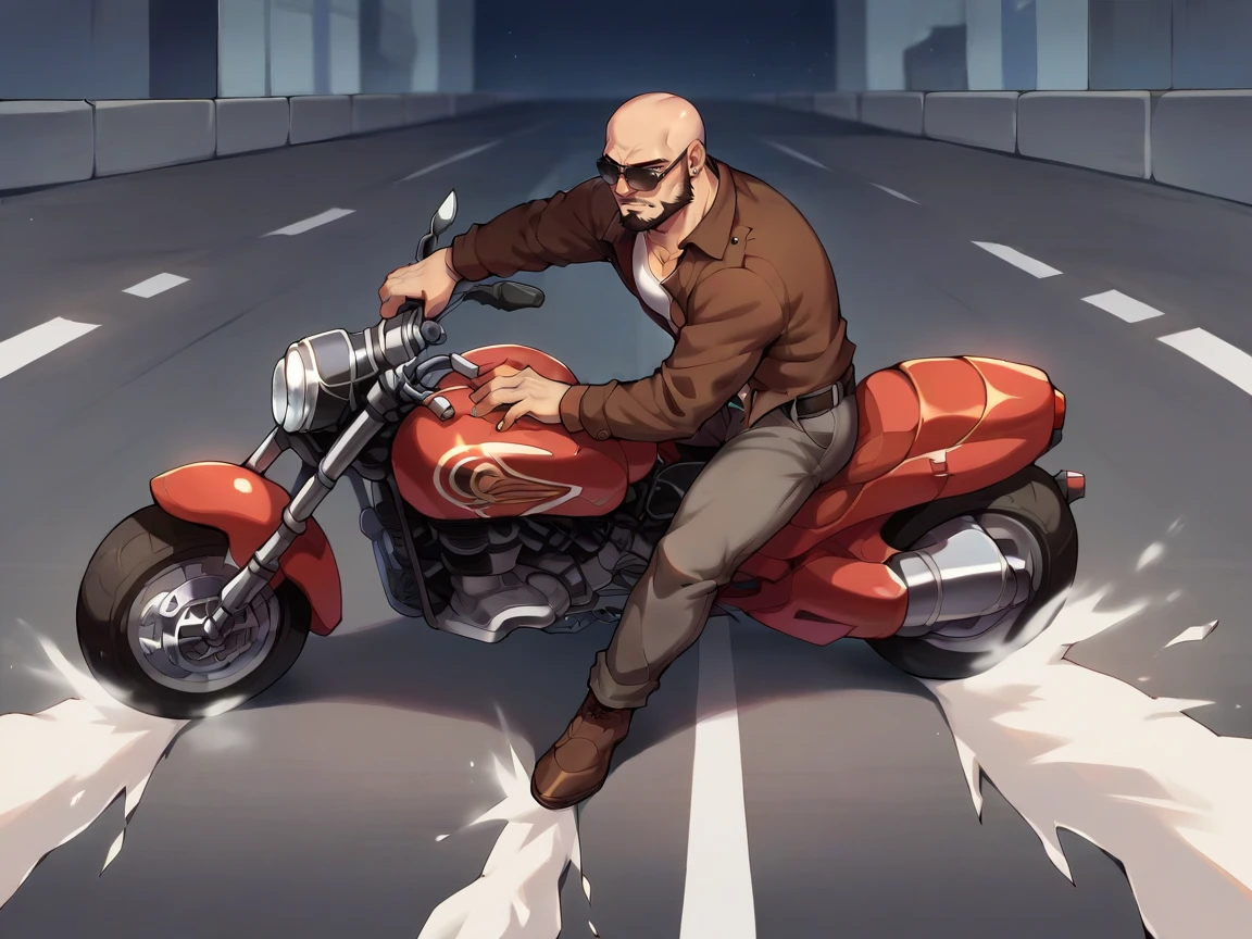 score_9, score_8_up, score_7_up, score_6_up, score_5_up,  <lora:AkiraslideXLP2:0.6> akira slide, motor vehicle, ground vehicle, male focus, solo, motorcycle, pants, sunglasses, bald, facial hair, motorcycle, 1boy