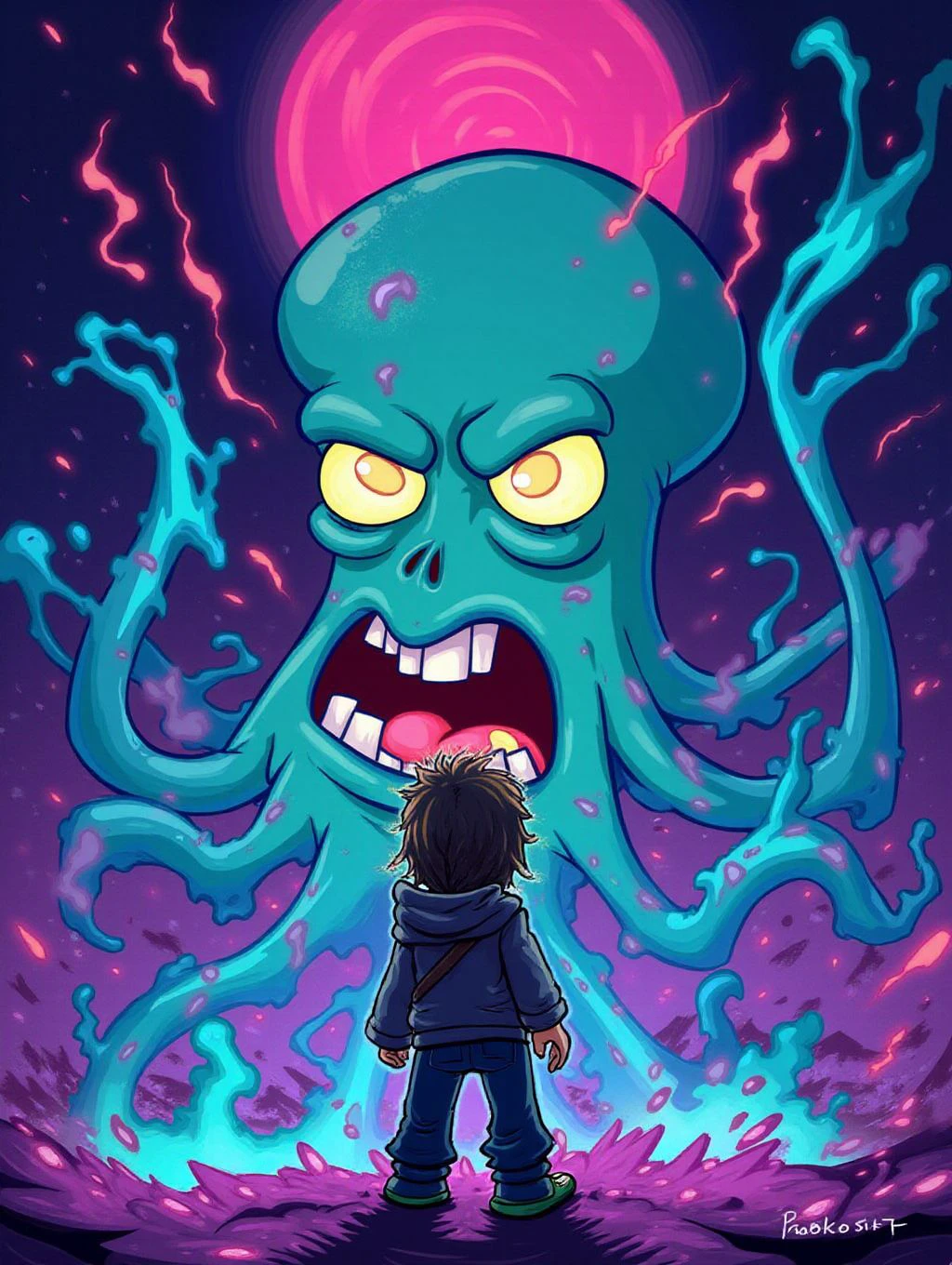 <lora:Flux.renandstimpySTYLE:1.2>, Ren standing in front of a giant, grotesque version of Squidward, his face twisted in anger as the world dissolves into swirling, neon patterns , ((face close-up)), (hood furred) Blocky, Geometric Cartoon