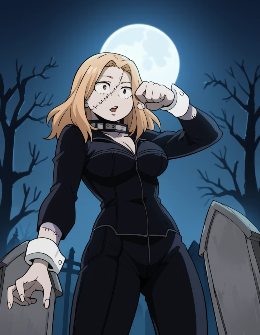 score_9, score_8_up, score_7_up, source_anime, <lora:camie-utsushimi-s3-ponyxl-lora-nochekaiser:1>, camie utsushimi, long hair, blonde hair, brown eyes, large breasts,, <lora:zombie-ponyxl-lora-nochekaiser:1>, zombie, colored skin, stitches, grey skin, multicolored skin, stitched face, zombie pose, halloween, halloween costume,, night, moon, graveyard, tombstone, grave, open mouth, , dutch angle, cowboy shot