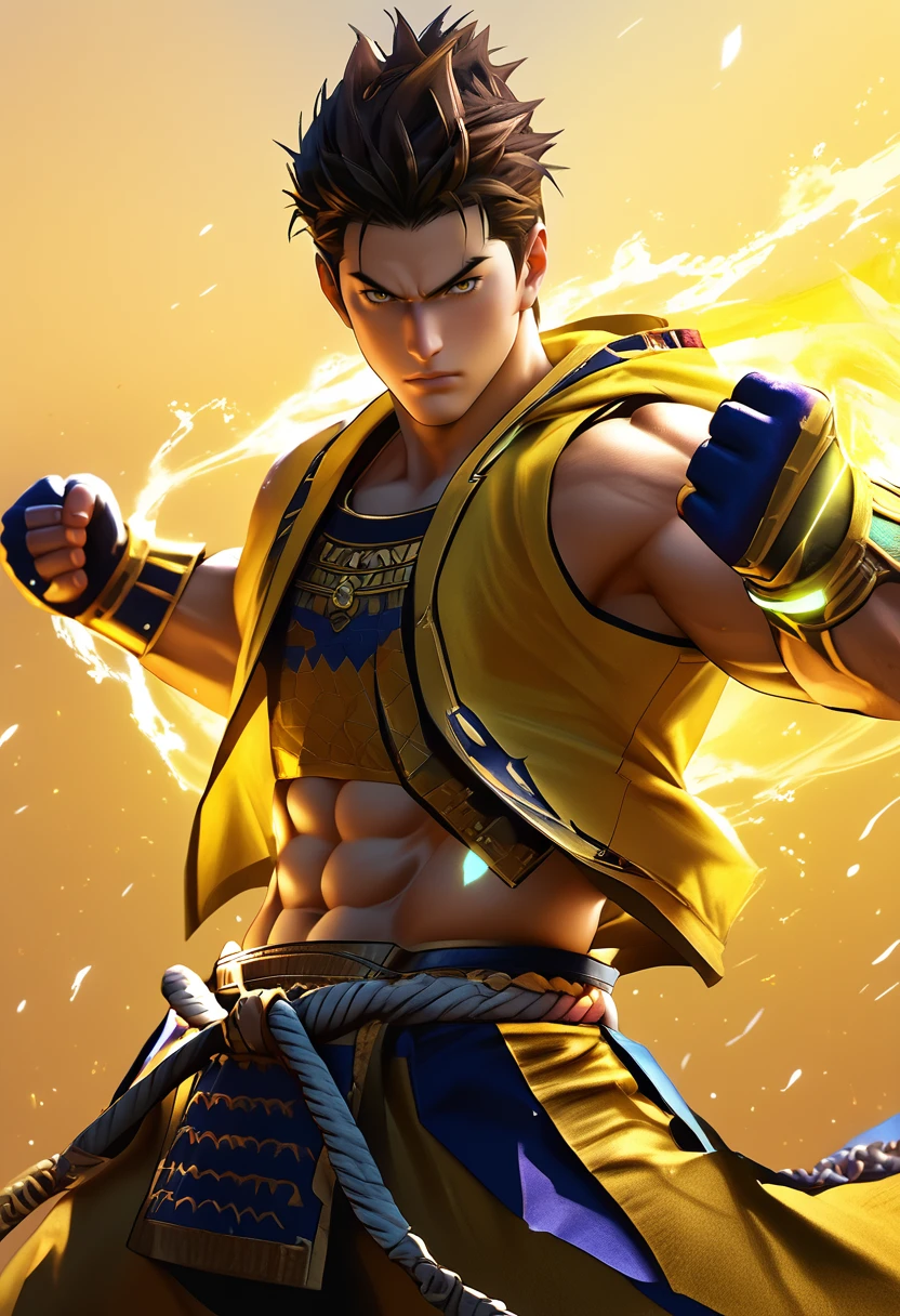 source_anime, (masterpiece), (best quality), score_9, score_8_up, score_7_up, (masterpiece:1.2), (best quality:1.3), 1boy, solo, golden aura, hood, <lora:Ieyasu_Tokugawa_Sengoku_Basara-000005:0.5> itoku_sgbs, brown hair, looking at viewer, muscular, angry expression, simple background, gloves, fight stance. midriff, masterful composition, dynamic movement, low-key lighting, lo-fi, glow, dynamic cinematic lighting, ray_tracing, global illumination <lora:Anime Style (Vauxz) PONY:0.8>